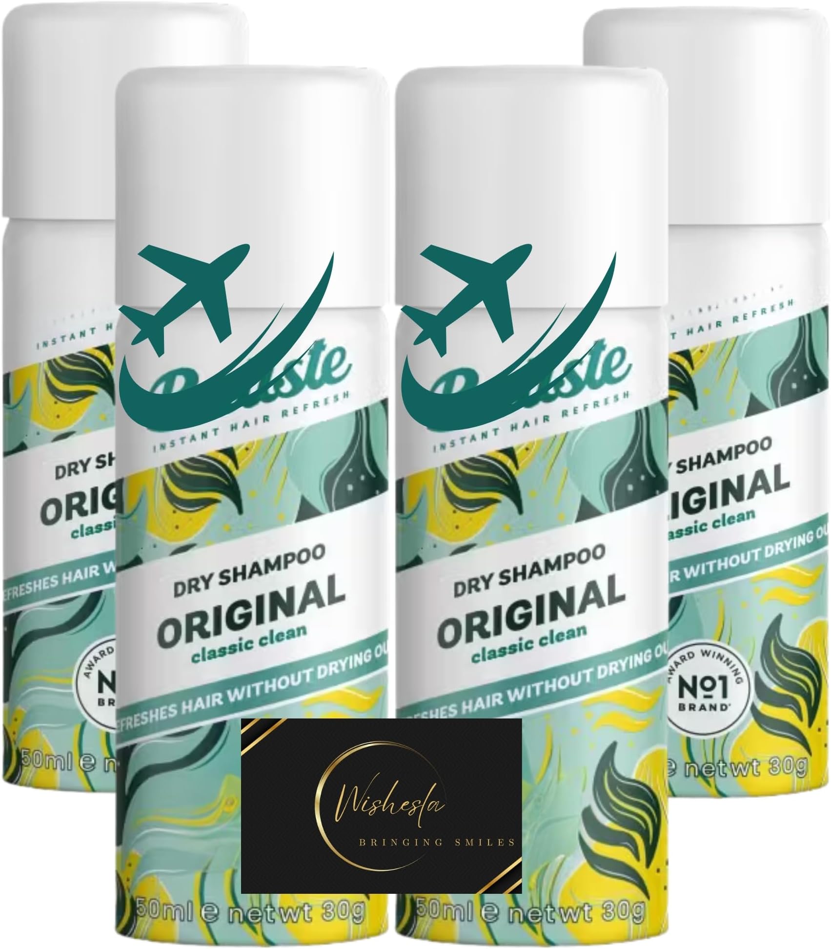 Travel Size Dry Shampoo Bundle with Original No Rise Shampoo, 50ml Pack of 4, All Hair Types, Instant Hair Refresh For Oily and Greasy Hair and Wishesla Thank You Card