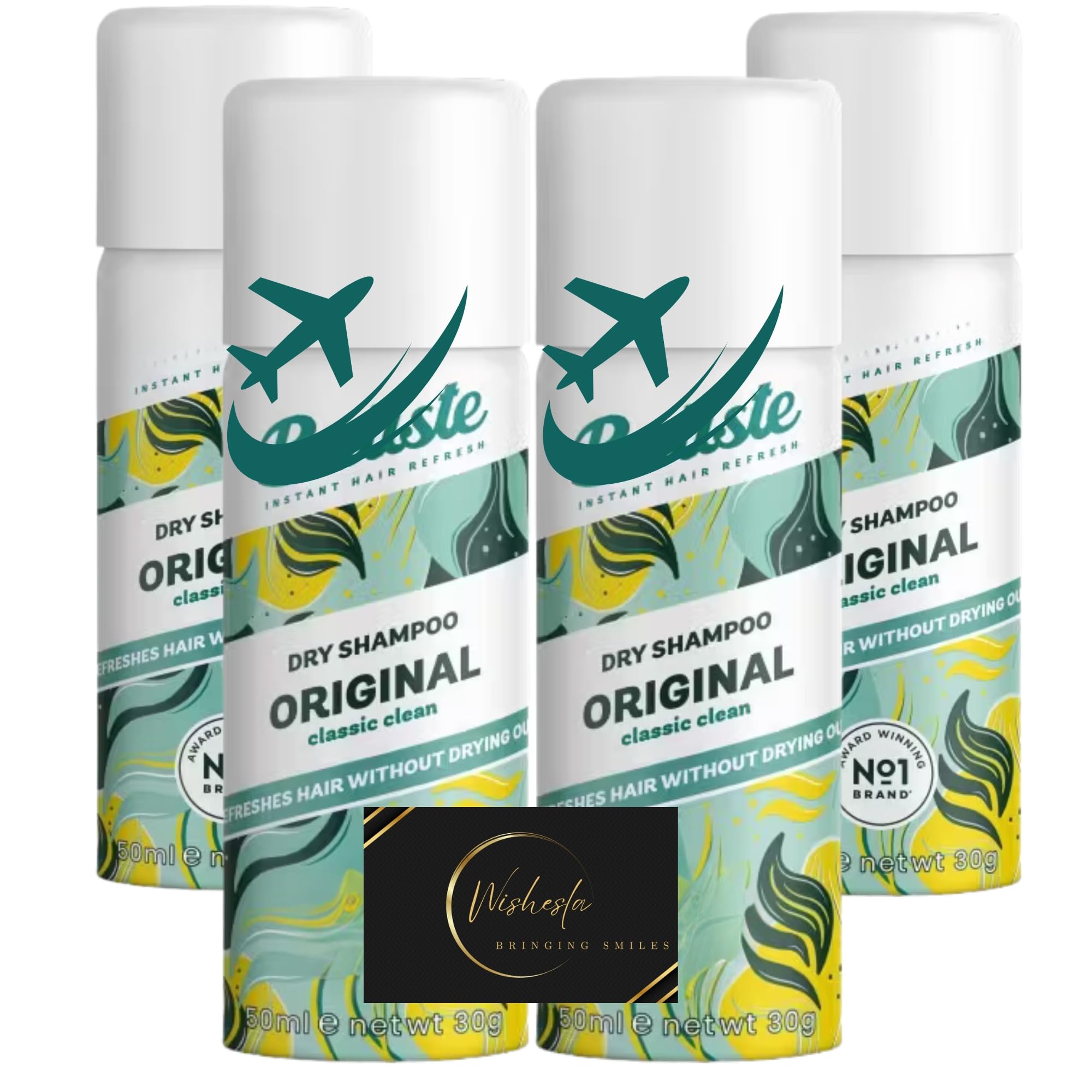 Travel Size Dry Shampoo Bundle with Original No Rise Shampoo, 50ml Pack of 4, All Hair Types, Instant Hair Refresh For Oily and Greasy Hair and Wishesla Thank You Card