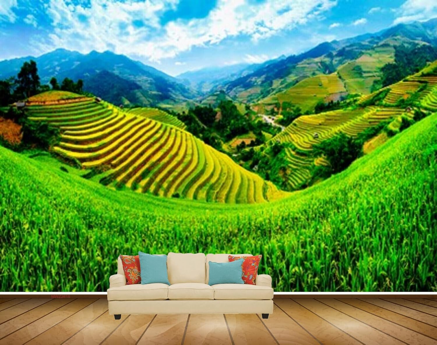 MWZ2615 Mountains Trees Clouds Grass Green Land HD 3D Wallpaper for Bedroom, Hall[5 ft x 3 ft] / [152 cm x 91 cm]