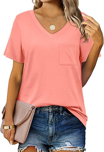 Miniatura 9 de Geifa Camisetas de manga corta con cuello en V para mujer camisetas casuales de verano con bolsillo