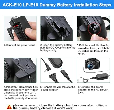 LP-E10 Dummy Battery DR-E10 DC Coupler ACK-E10 Power Supply Kit. | fit for Canon Rebel EOS T7 T6 T5 T3, Kiss X50 X70 X80 X90, EOS 1100D 1200D 1300D 1500D 2000D Digital Camera.
