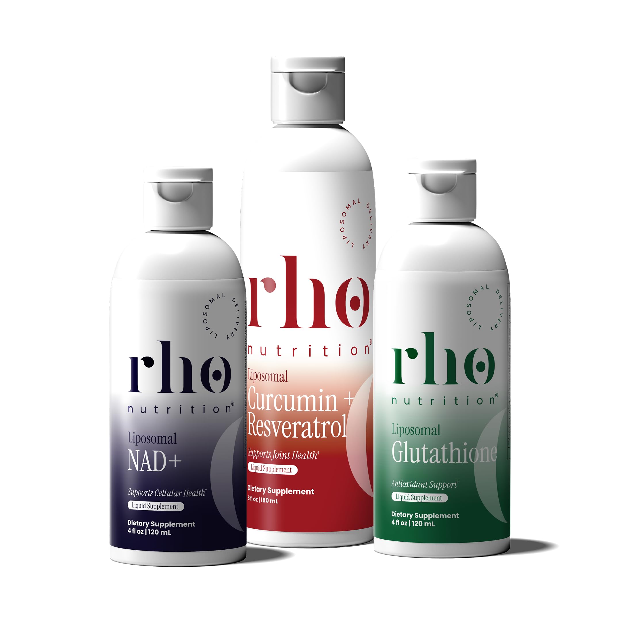 Rho Nutrition - Cellular Health Essentials Bundle – Liquid Liposomal Supplements for Healthy Aging & Cellular Support - NAD+, Curcumin + Resveratrol, & Glutathione (3 Pack)