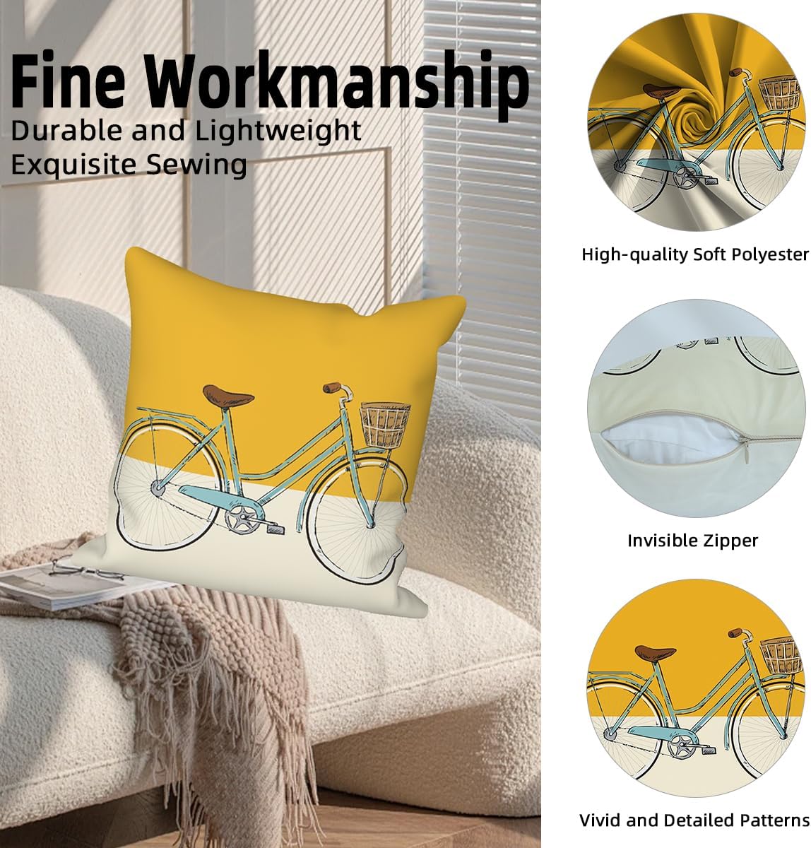 Vintage Bicycle Throw Pillow Covers 18''x18'' Set of 4, Yellow Geometric Cushion Covers Rustic Spring Outdoor Pillow Covers for Couch Sofa Home Bedroom Farmhouse Livingroom Patio Car