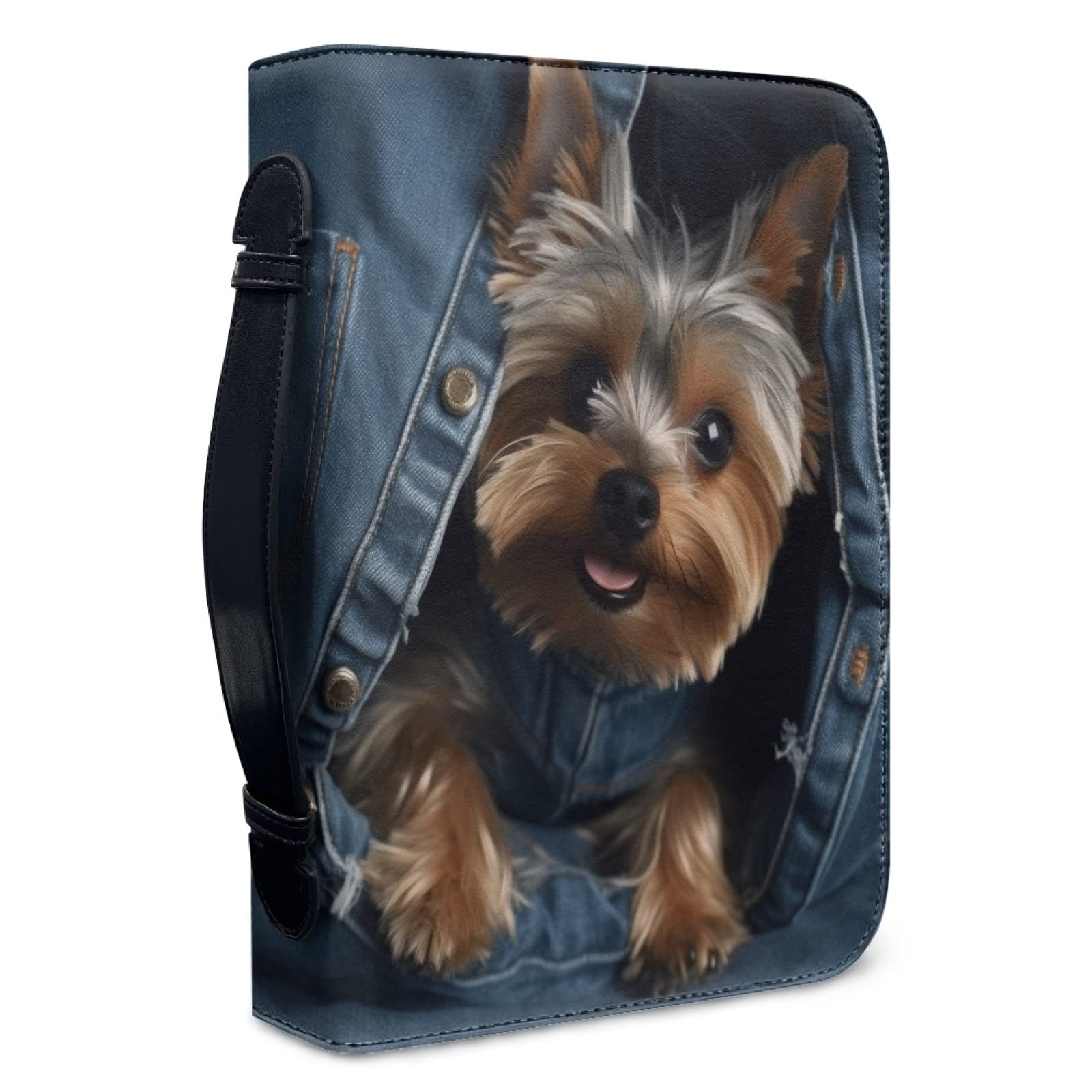 Kuiaobaty Novelty Jeans Dog Notebook Cover Bag with Pockets PU Leather, 3D Yorkshire Print Book Sleeve Case Zipper for Study Bible, 4 Size — image 1