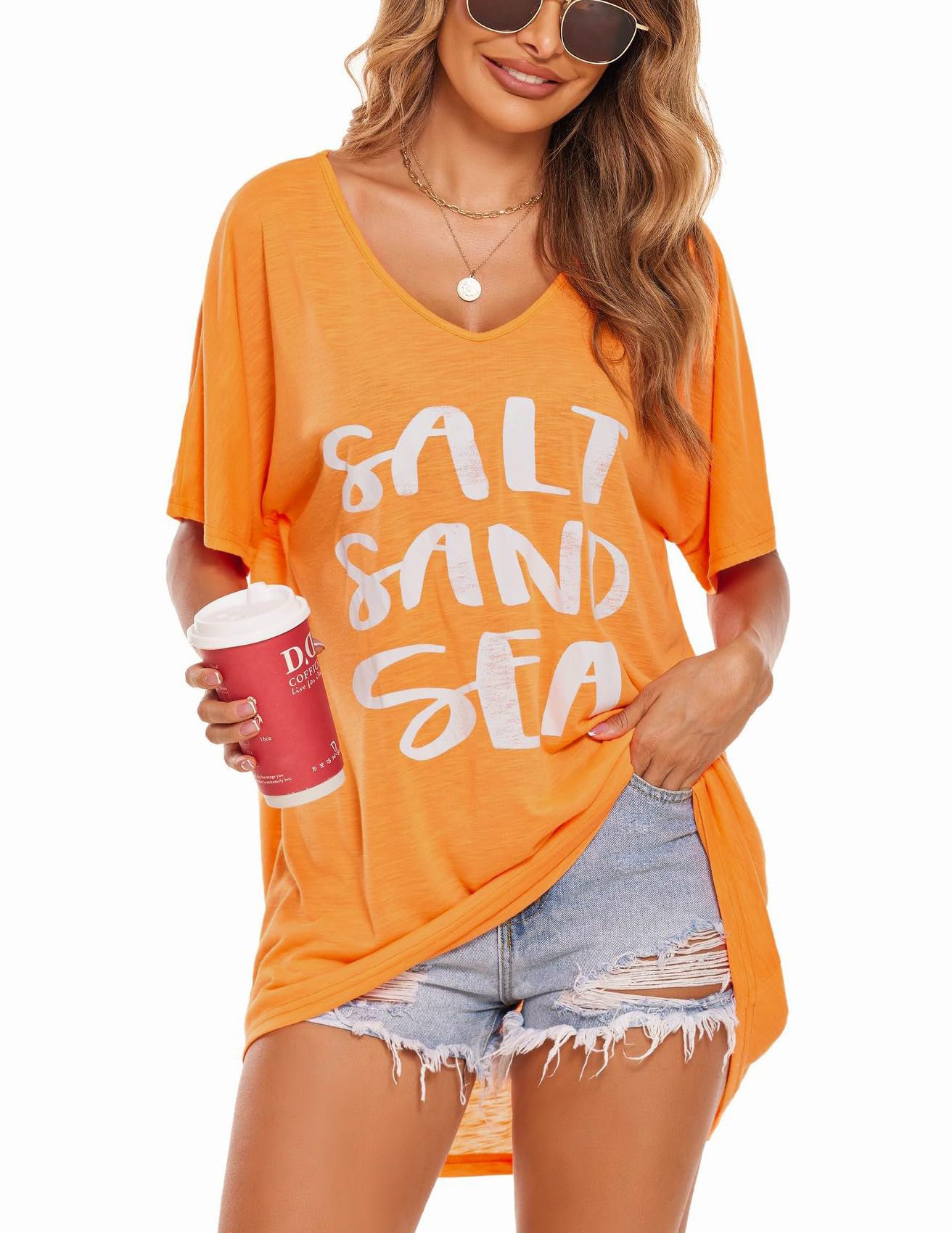 AI'MAGE Damen Strandkleid Bikini Cover Up Sommer Strandponcho Bademode V-Ausschnitt Strand Lose Vertuschen Shirt mit Drucken