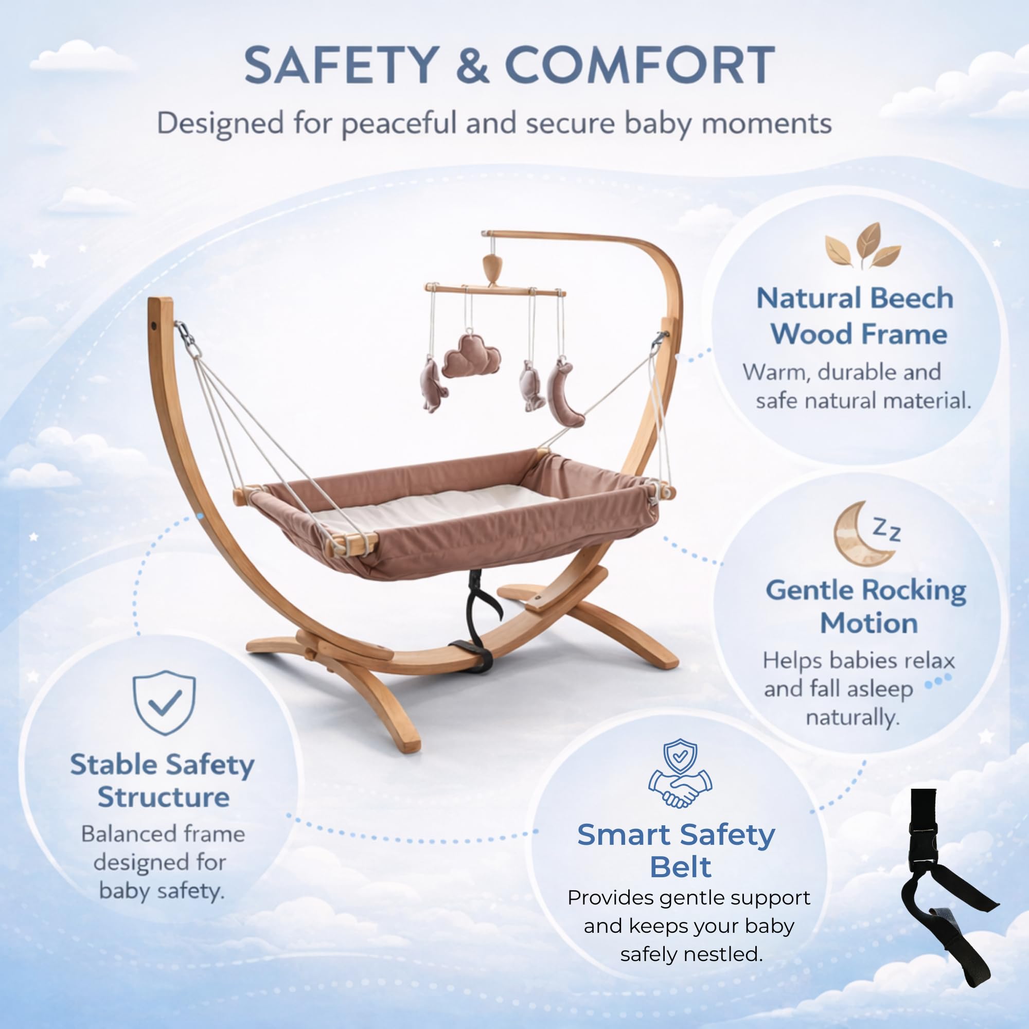 Hamac pour enfant en bois 66×150 cm chaise longue ergonomique 3–5 ans beige