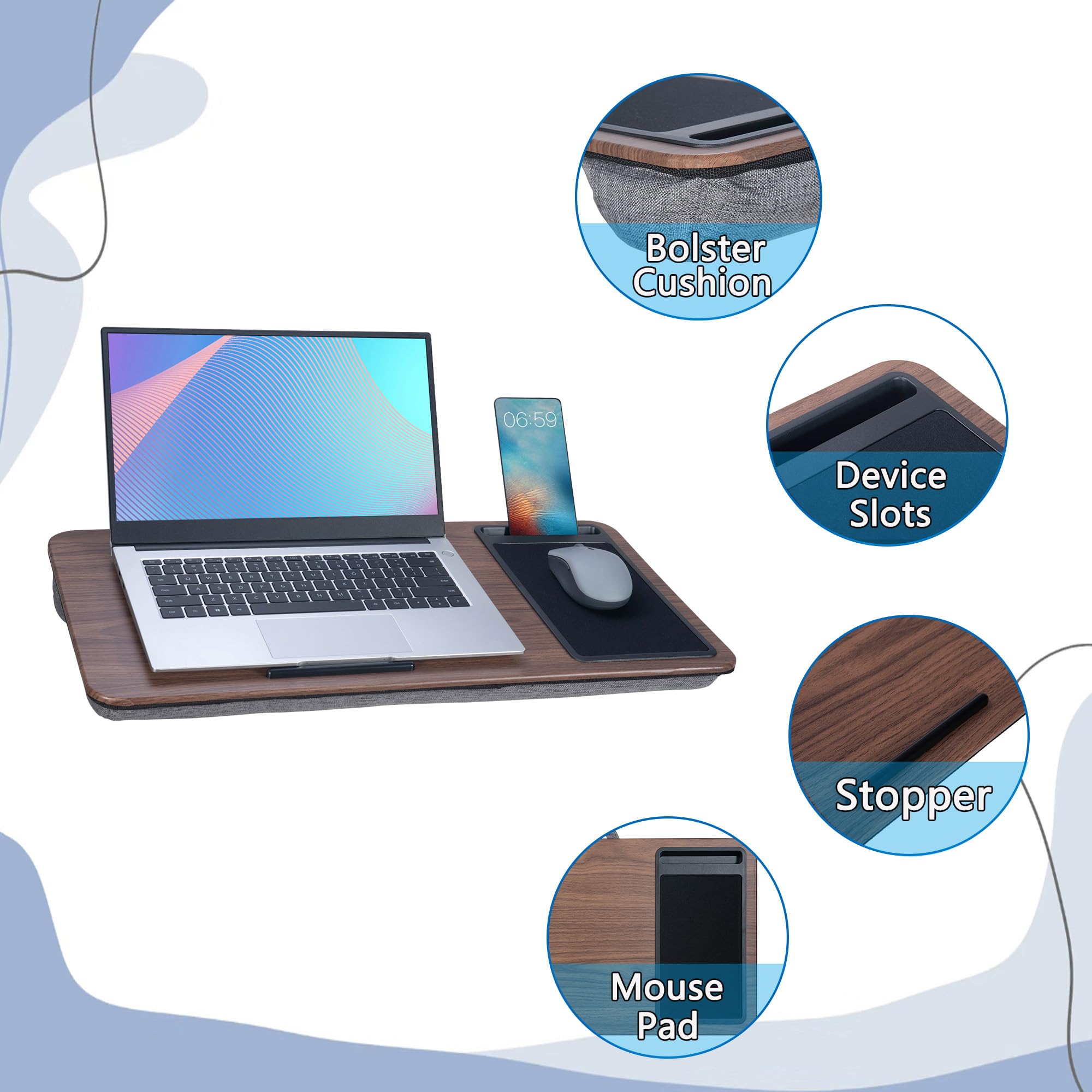 Bureau portable pour ordinateur portable avec coussin - Convient aux ordinateurs portables jusqu'à 17", avec fente pour tablette et téléphone, tapis de souris, idéal pour la maison et le bureau