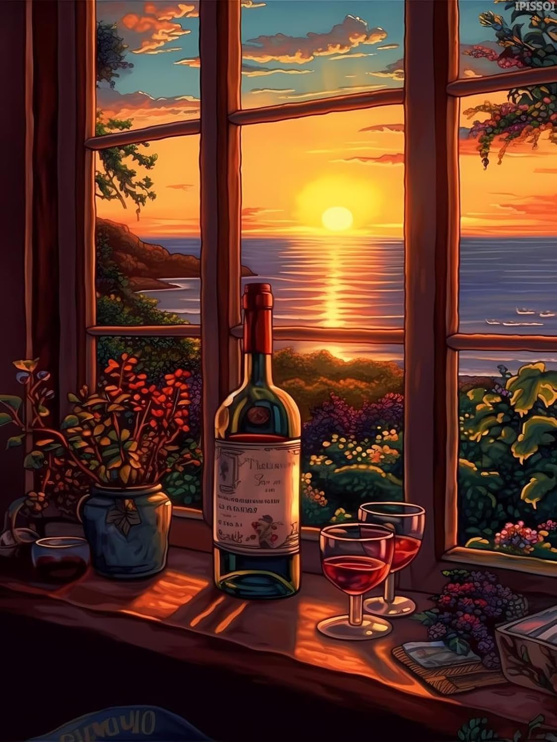 IPISSOI Diamond Painting for Adults 5D The Window Sill with The Wine Full Drill Diamond Art Kit DIY Windowsill Gem Painting Set Bedroom Living Room Wall Decor Gifts 12x16in/30x40cm