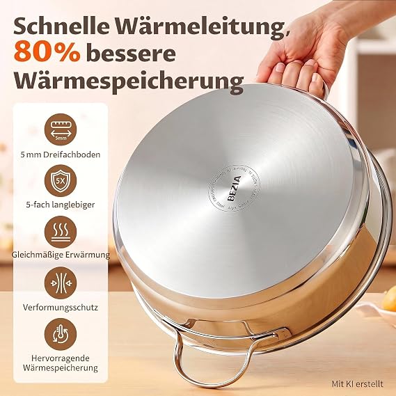 BEZIA Schmorpfanne 28 cm mit hohem Rand & Deckel Induktions-Bräter 52 L Edelstahl 18/10 Pfanne Antihaftbeschichtet & Backofenfest Nietfrei & pflegeleicht Schmortopf zum Schmoren Braten & Kochen