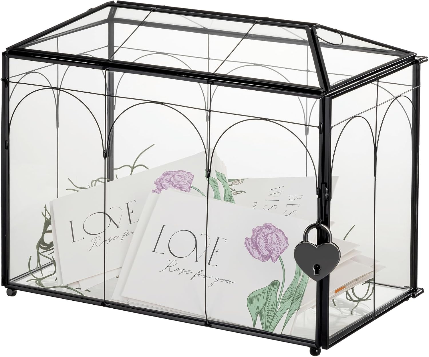NCYP Glass Card Box with Slot and Heart-Shaped Lock - 10.2" x 5.9" x 7.9" Wedding Reception Lockable Card Holder - Tabletop, Birthday Party Decor, Black (Glass Box Only)