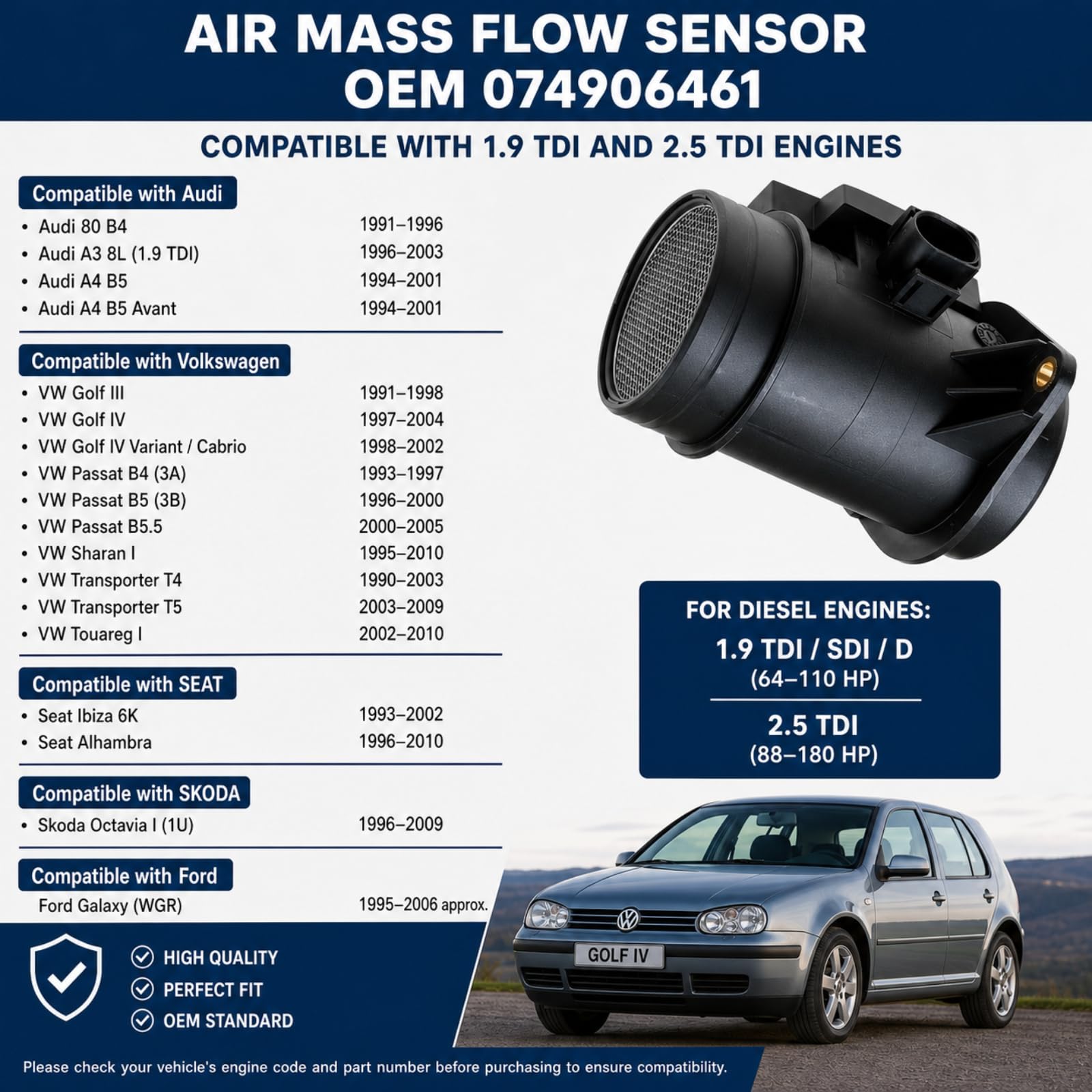 Twowinds Débitmètre 074906461 Compatible avec Audi 80, A3, A4; Seat