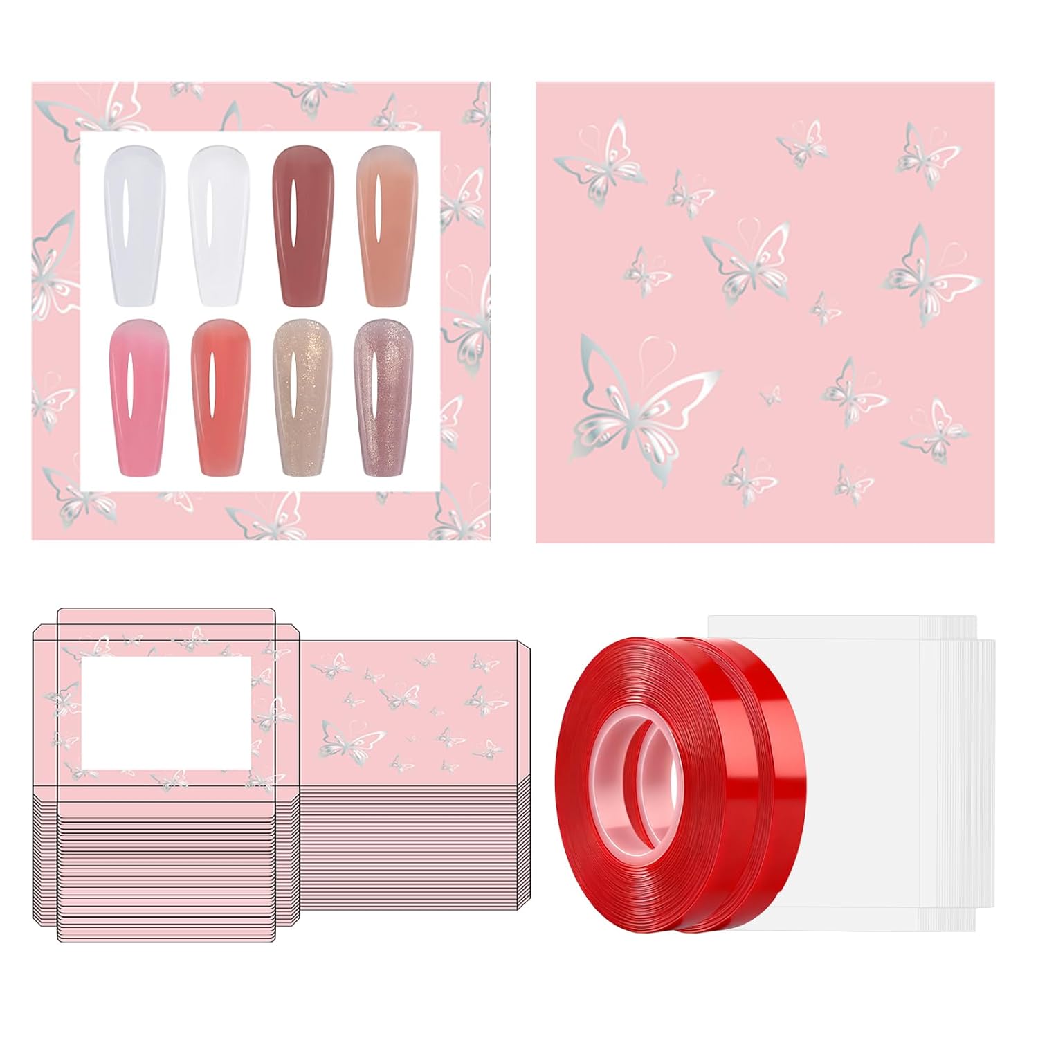 ANGNYA 72PCS Empty Press On Nail Packaging Box Contains 35PCS Butterfly Press On Nail Boxes, 35PCS White Display Cards, 2PCS Double Sided Tapes, Nail Tip Storage Case for Business