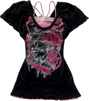 2000s Tops Y2k Grunge Shirts Alt Emo Clothes Teen Girls Cutecore Harajuku Graphic Tees Goth Whimsy Twee Short Sleeve Top