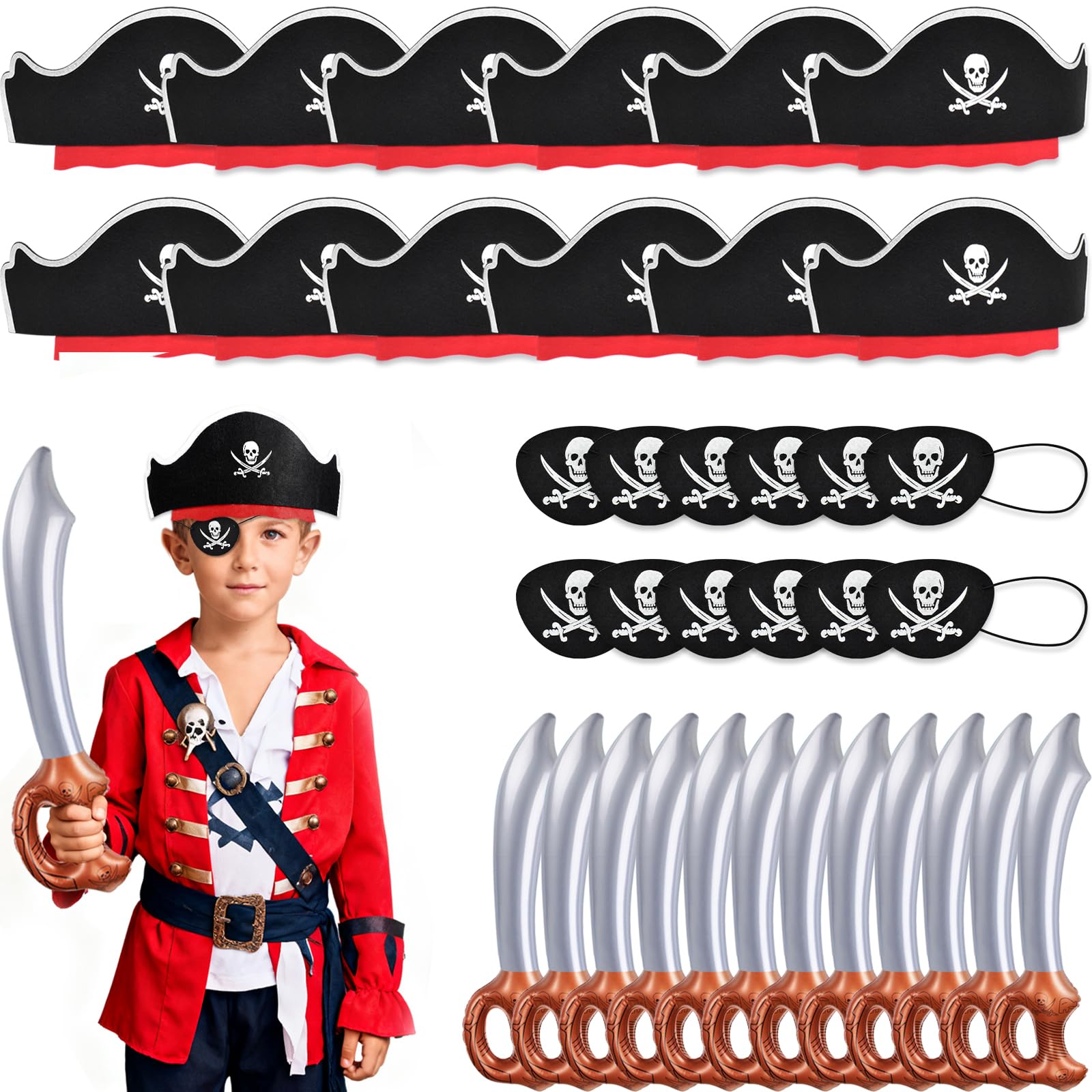 ZeeDix Kids Pirate Costume Set for Halloween, Includes Hat, Eye Patch, Sword, Pirate Accessories Party Favors for Boys Girls