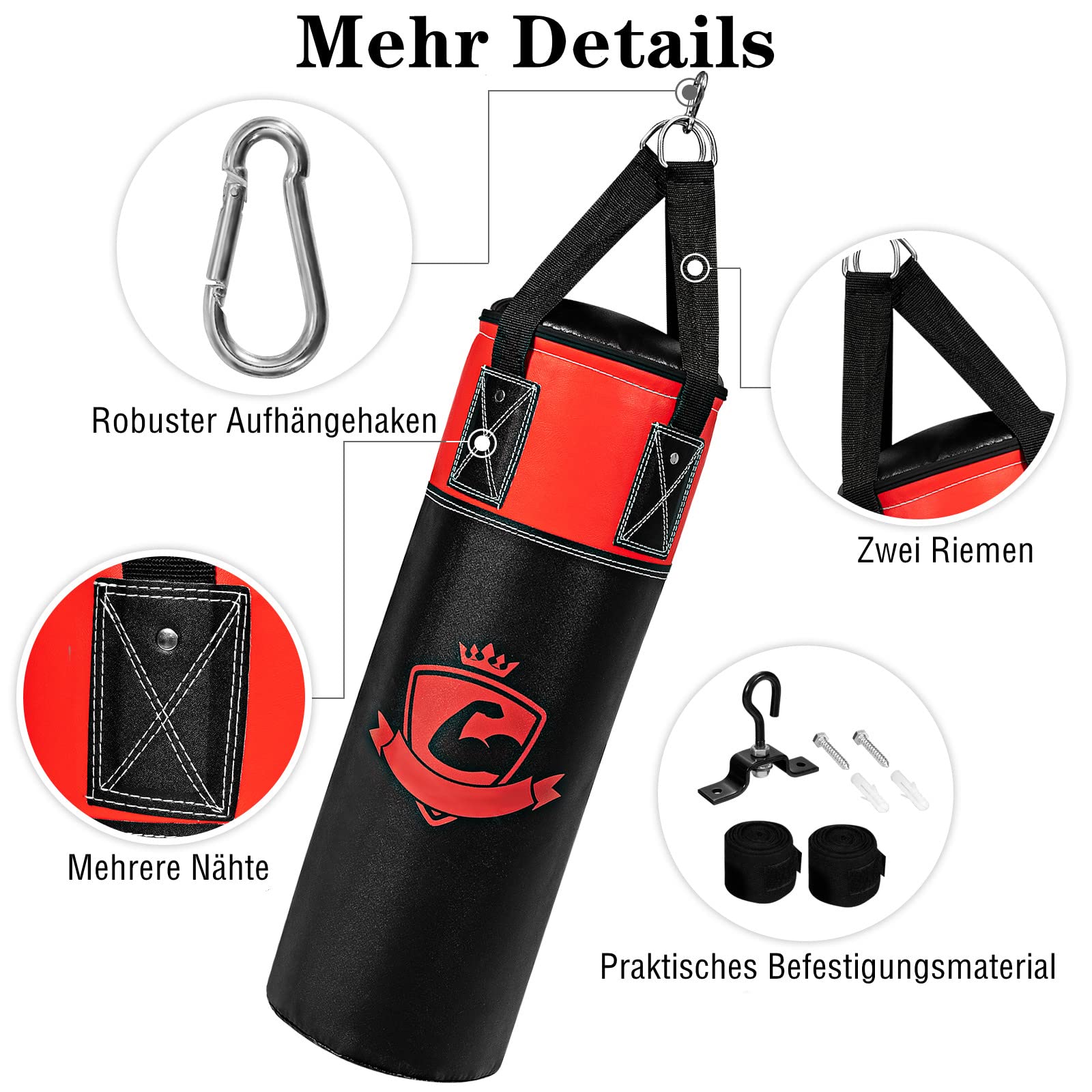 GYMAX Juego de Saco de Boxeo para Niños de 5,2 kg con Guantes de Boxeo, Vendajes de Boxeo y Bolsa de Transporte, 60 cm, para Kickboxing, MMA, Artes Marciales, Muay Thai, Boxeo, 3 Años+