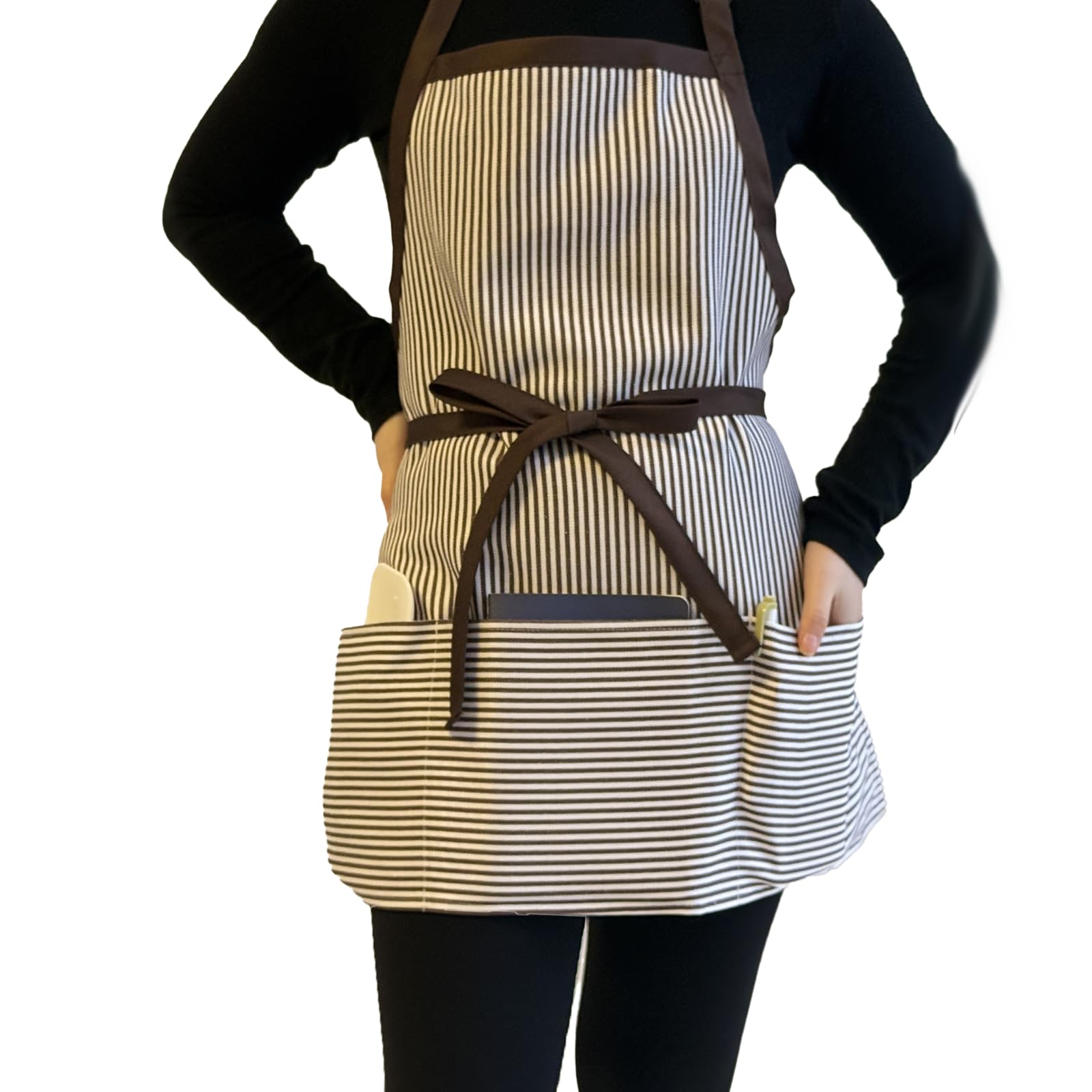 Delantal de cocina con 3 bolsillos, delantal ajustable para servidor, delantal de chef para hombres y mujeres (rayas negras y marrones)