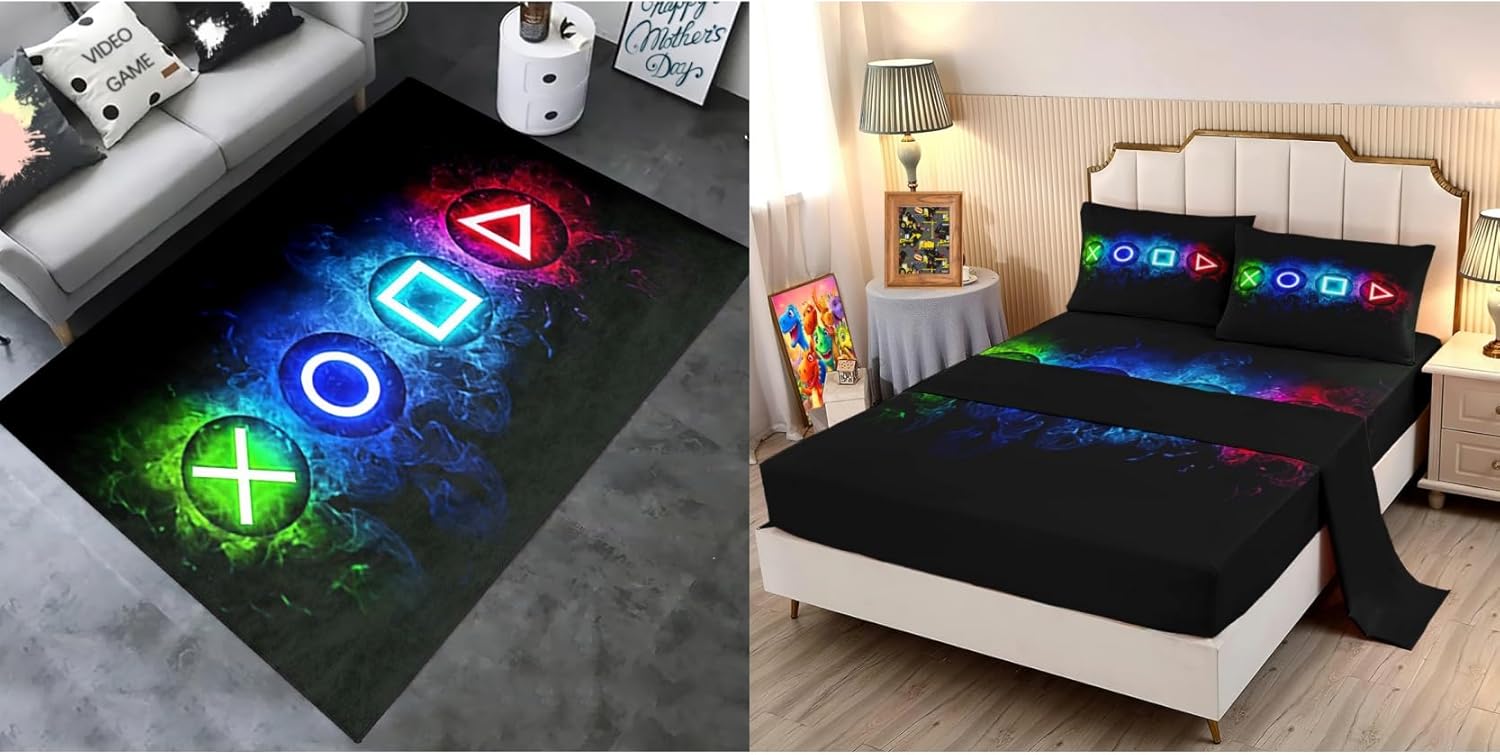 Gamer Fitted Sheet Set Full Size and Gamer Rugs 3x5 Feet