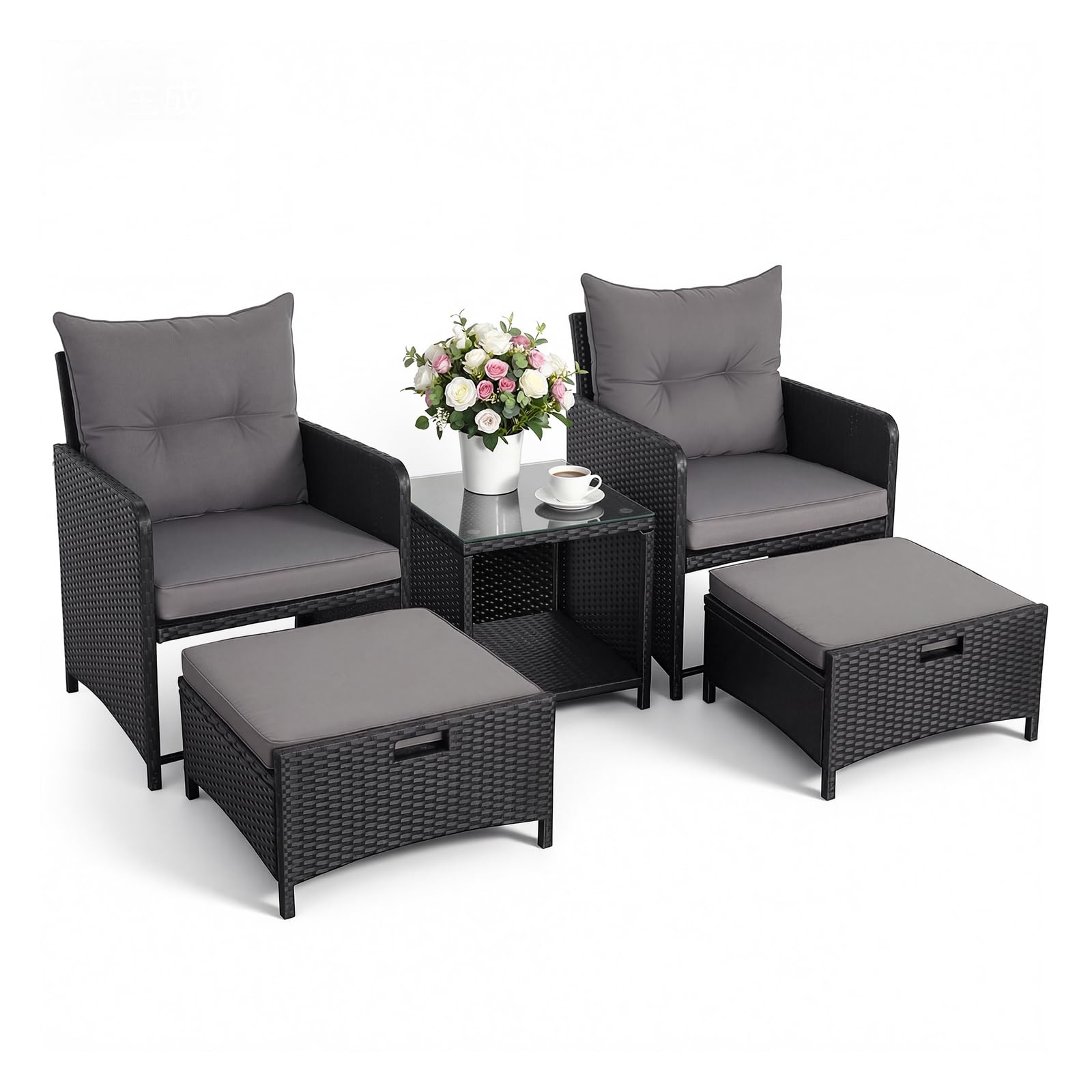 Panana 5 Pieces Rattan Garden Furniture Set, Nesting Sofa Chair with 2 Ottomans & Storage Coffee Table, Outdoor Patio Sofa Set for Balcony Poolside Conversation
