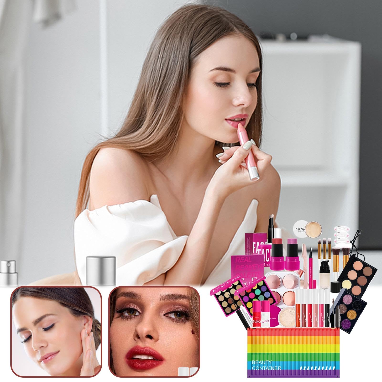 Zestaw do makijażu dla kobiet, Make Up Women Full Kit Trwa szminka | Pełny makijaż cień do powiek szminki glos gloska kosmetyczna szczotka z torbą do przechowywania dla kobiet dziewcząt