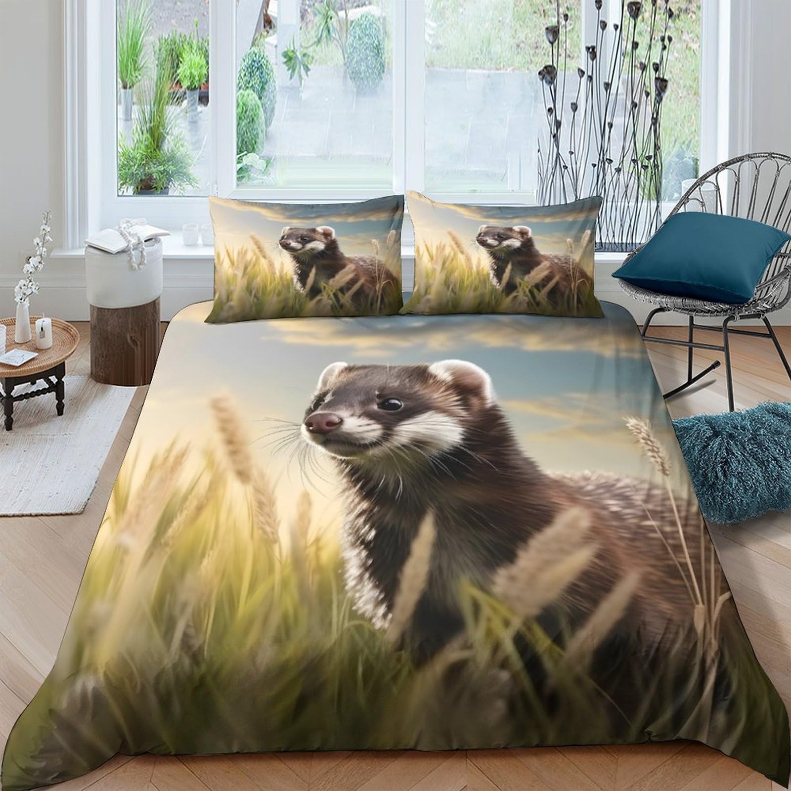 Ctjqhvkz Style-5 3D Printed Meadow Ferret Fitted Sheet Microfiber Soft Breathable Grassland Mattress Cover Bedroom Decor Single（135X200cm）