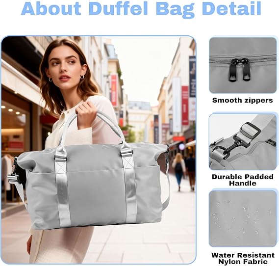 Weekender Duffel Bags for Women, Travel Totes Bag for Airplane Essentials, Overnight Bags for Women with Trolley Sleeve, Misty Grey, 27x55x18 cm / 10.63x21.65x7.09 inches, Travel Bag