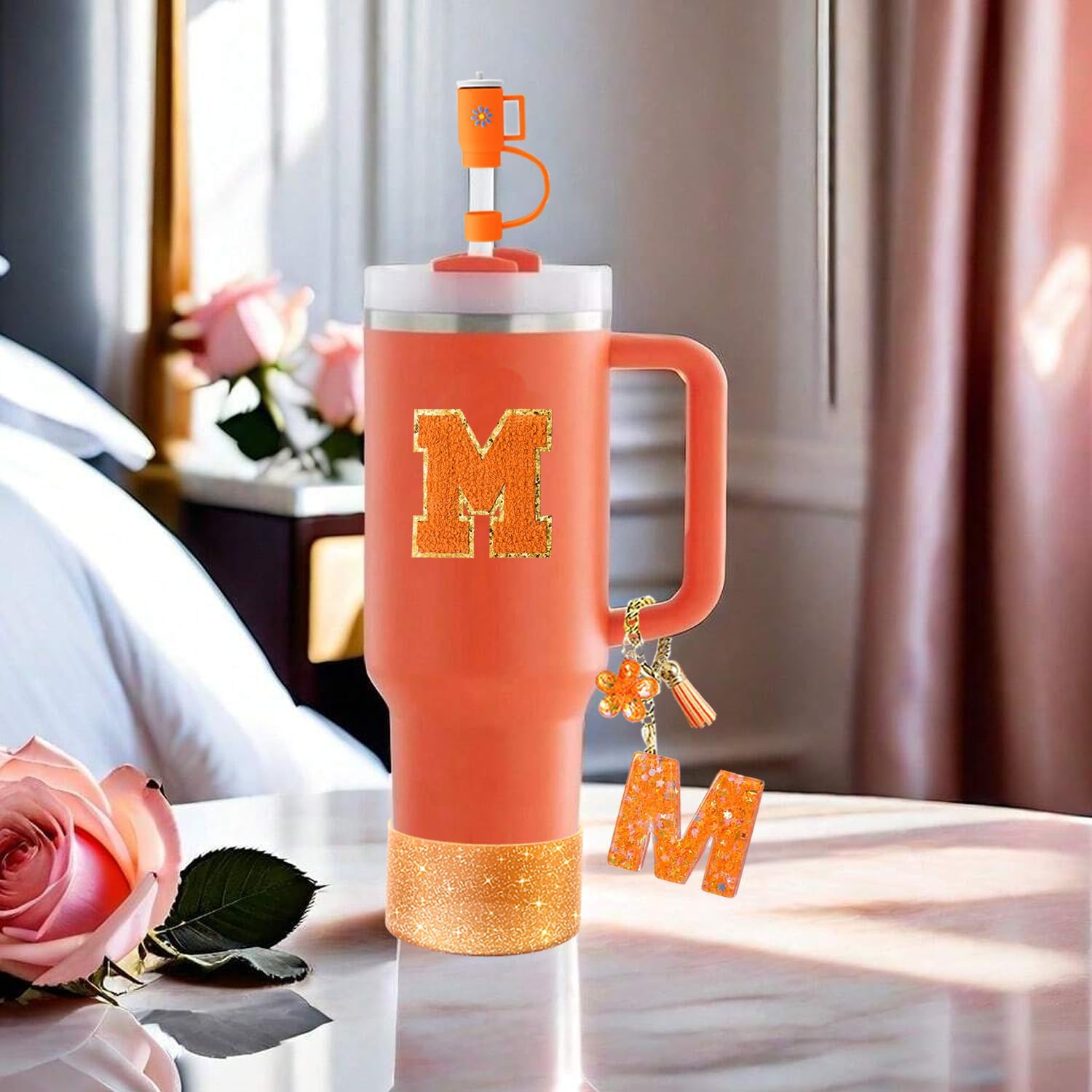 Stanley Cup Accessories Set Of 6 PCS, Including Letter Stickers, Letter Chains, Straw Caps, Cup Sleeves, And Spill Proof Stoppers, Orange, 30 Oz 40 Oz, Water Bottle Carrier Set(Cup Not Included) - Image 6