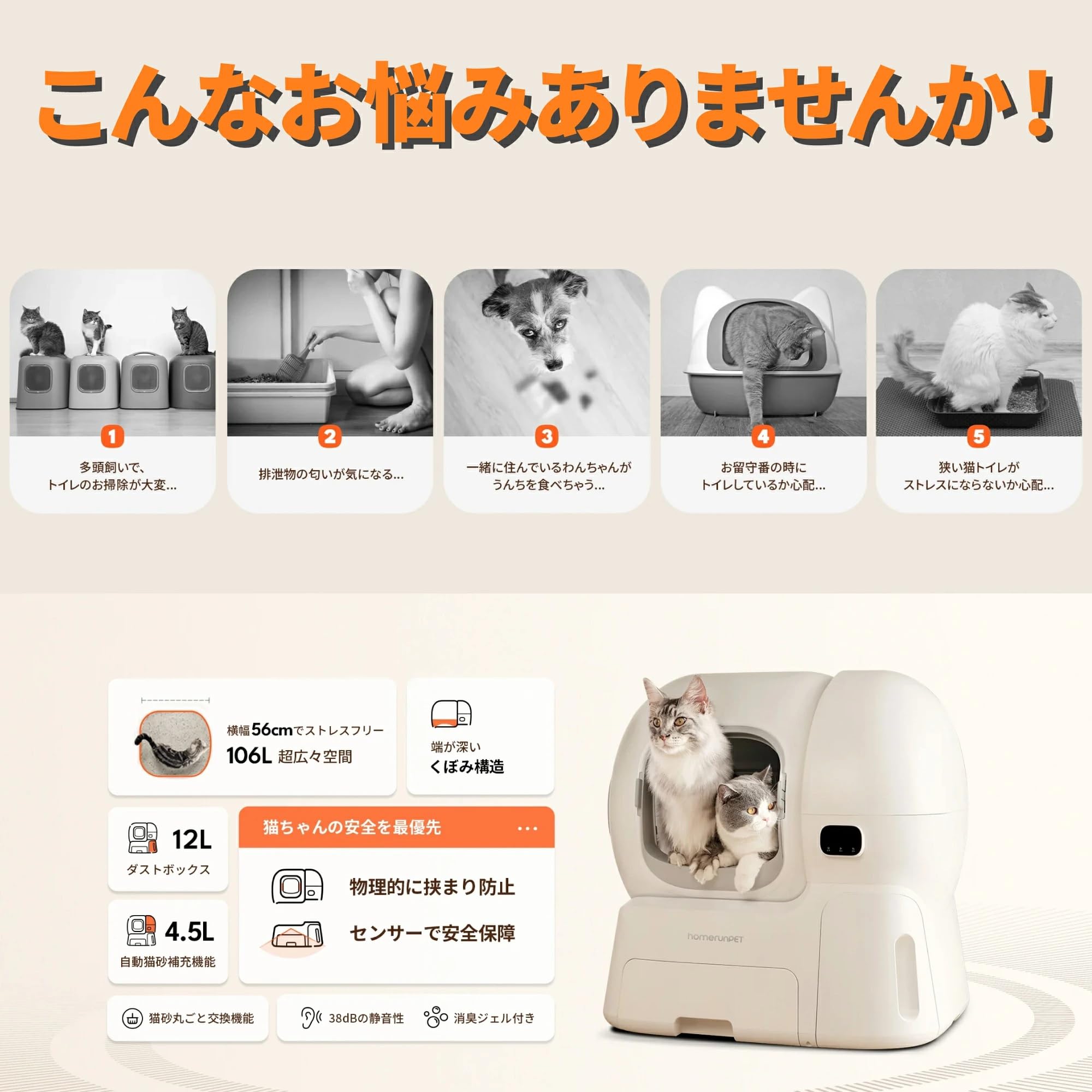 Amazon | homerunPET 猫 トイレ 自動トイレ 106L 大容量 スマート機能