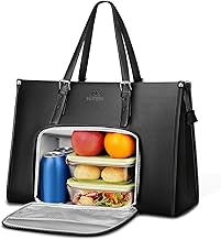 MATEIN Laptop Tote Bag with Insulated Lunch Compartment, 15.6 Inch PU Leather Briefcase with Leakproof Lunch Box Pocket for Women, Convertible Lightweight Computer Work Bag Handbag for Office, Black