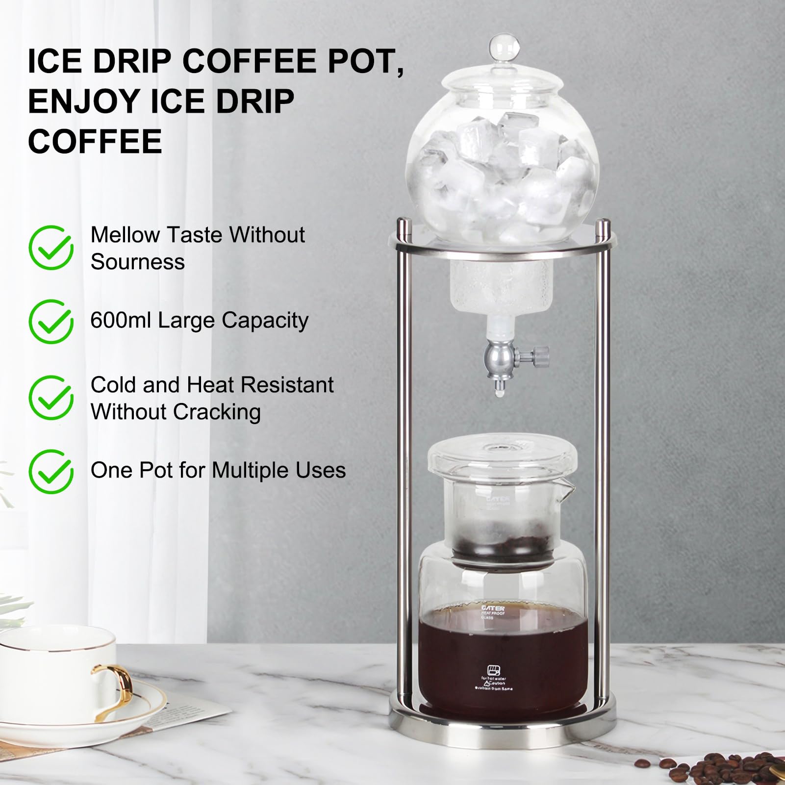 Cold-drip-kaffeemaschine, Cold Brew Tropfturm, Ice Cold Brew Dripper Kaffeemaschine, Wiederverwendbarer 600 ML Glasfilter Transparenter, Edelstahlständer DIY Coffee Maker Glaskaraffe