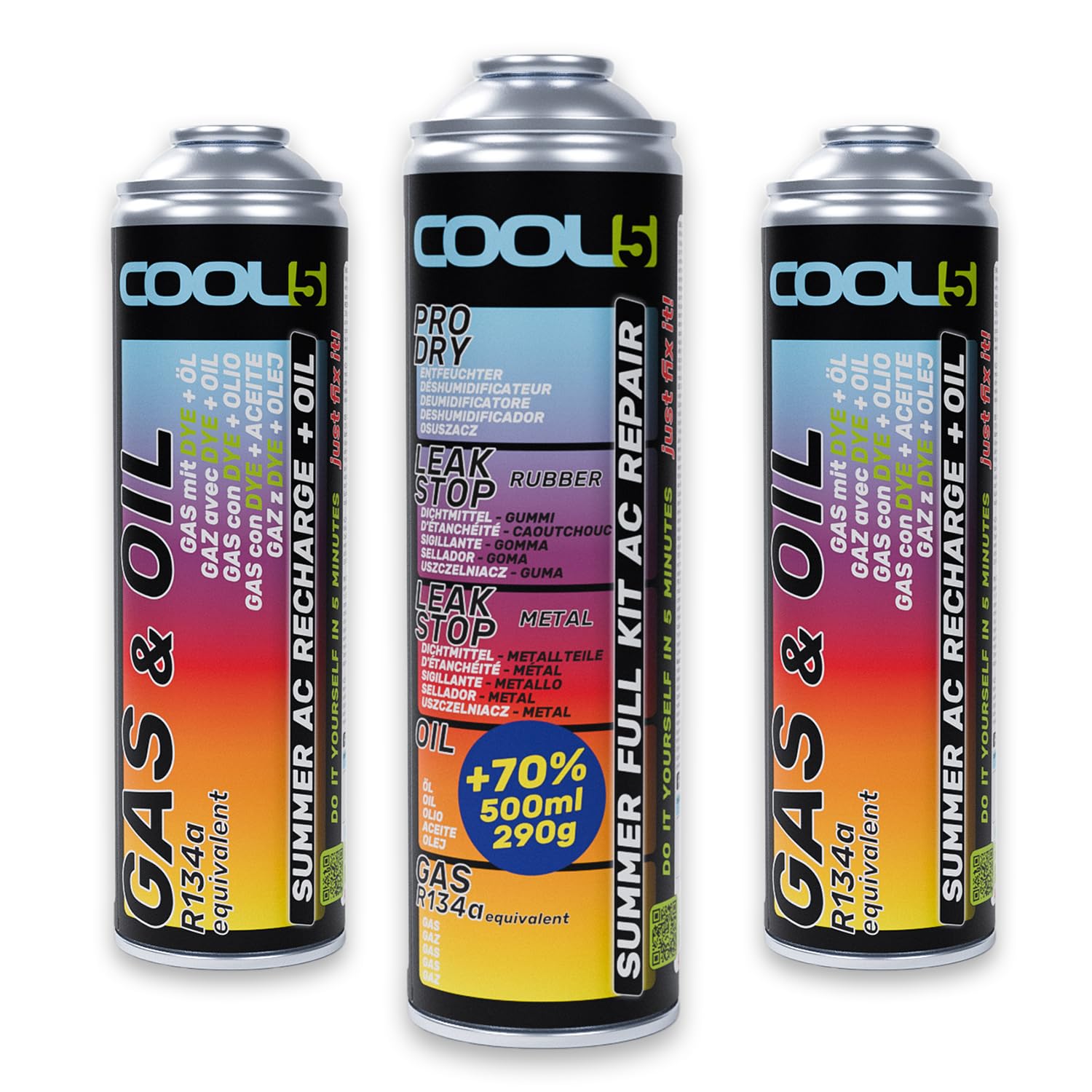 Cool5 Summer Full KIT AC 5-in-1 Air Conditioner Repair Kit (Replacement Gas R134a), 290g, 2X Refrigerant Gas Replacement with Oil (R134a & R12 Gas Replacement) - for Cars 1995-2016, 290g