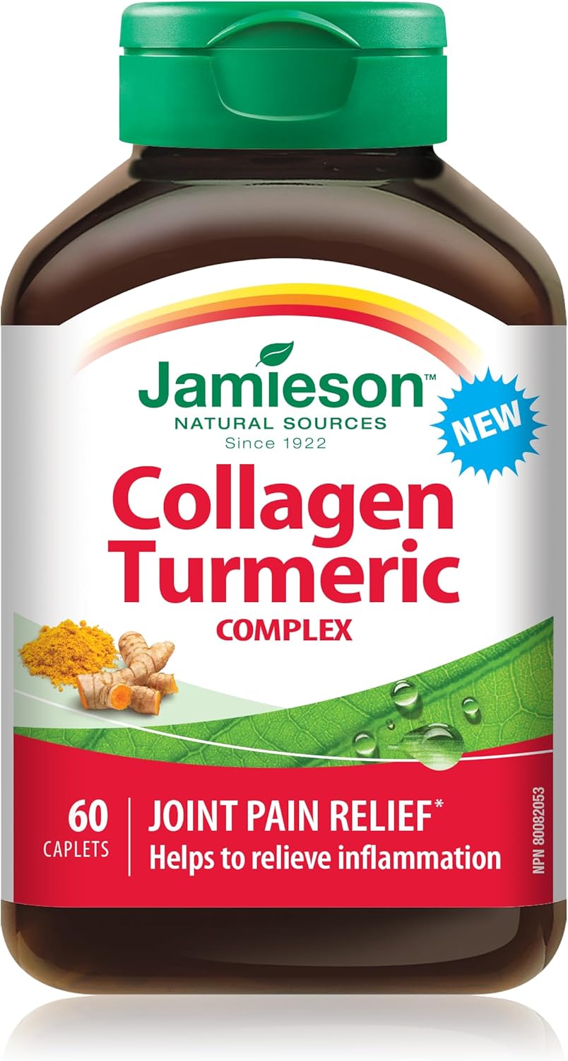 Jamieson Collagen Turmeric Complex, with 600 mg Collagen, Anti-inflammatory, Provides Joint Pain Relief and Digestive Support. Gluten-Free, No Artificial Colours, Flavours, or Preservatives, 60 Caplets, Proudly Canadian Jamieson Collagen Turmeric Complex, with 600 mg Collagen, Anti-inflammatory, Provides Joint Pain Relief and Digestive Support. Gluten-Free, No Artificial Colours, Flavours, or Preservatives, 60 Caplets, Proudly Canadian