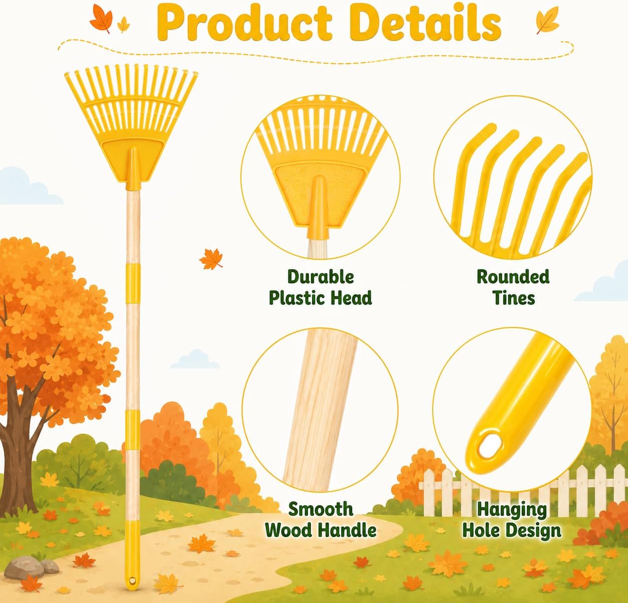 2 Pack Kids Leaf Rakes, 34” Adjustable Small Garden Rakes for Leaves image 4