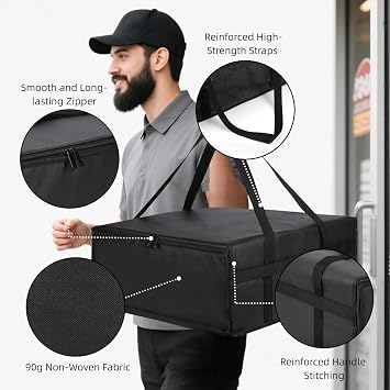 19.6 x 19.6 x 5.9 Insulated Pizza Delivery Bag with Zipper Closure, Thermal Food Carrier for Hot & Cold Meals, Reusable Delivery Bag for Catering, Transport & Home Use, Black (1 Pack)