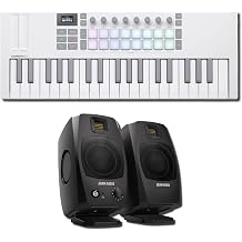 Novation Launchkey Mini 37 MK4 White MIDI Controller Bundle with ADAM Audio D3V Black Desktop Monitors USB-C Three-Octave Kit for Music Production, Beat Making, Streaming, Songwriting