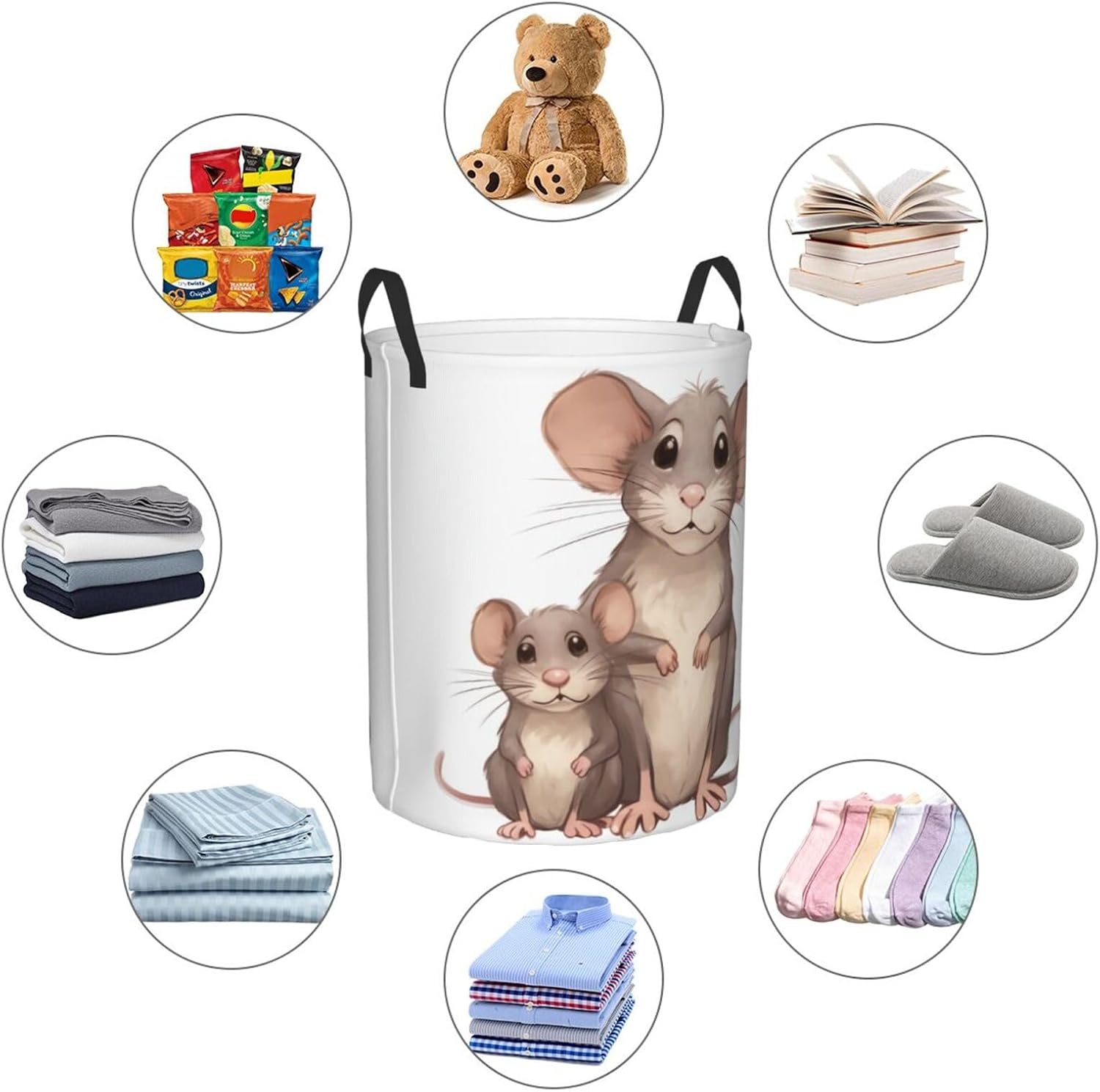 Mother And Child Rats Printed Laundry Hamper,Round Laundry Basket,Clothes Hamper With Handle,Collapsible Waterproof For Bedroom