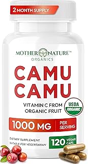 Organic Vitamin C from Camu Camu Capsules 1,000mg, Packed with Natural VIT C, Raw Antioxidants - Immune Support Supplement & Anti-Aging for Skin - Powder Organic, Vegan, Non-GMO (120 Count)