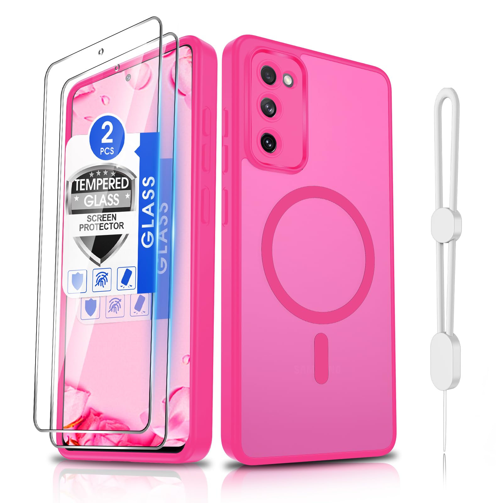 Dizn Magneti for Samsung Galaxy S20 FE Case,[Not Fit S20],with Tempered Glass Screen Protector,Compatible with MagSafe, with Strap,Matte &amp; Military Grade Shockproof Protective for 6.5" S20 FE,Hot Pink