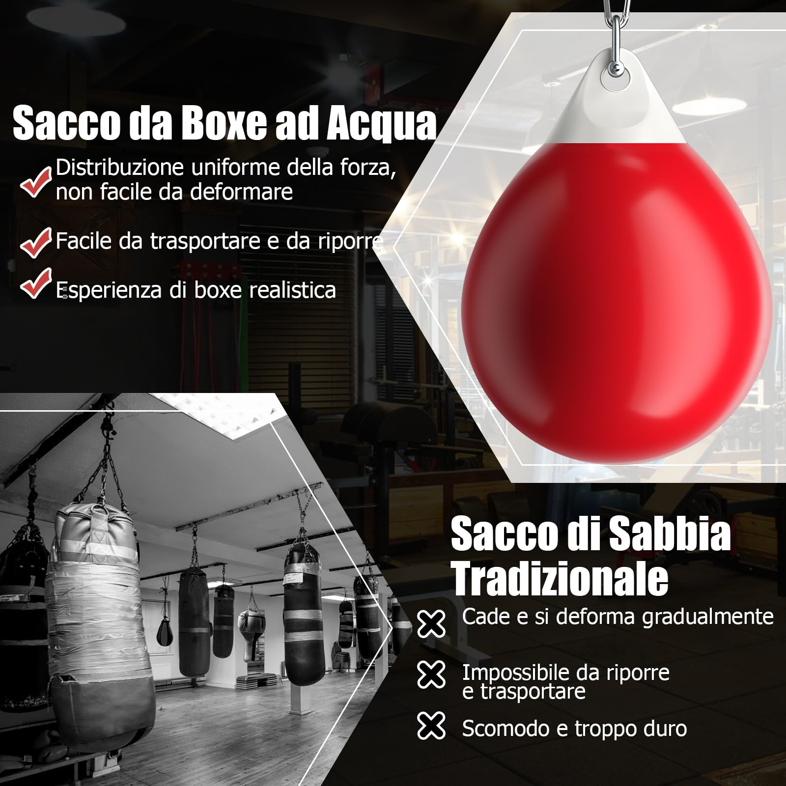 GYMAX Sacco ad Acqua per Boxe da 50 kg, con Accessori per Appendere e Riempire, Sacco da Boxe per Palestra Casa Ufficio, per Bambini ed Adulti, φ45 cm