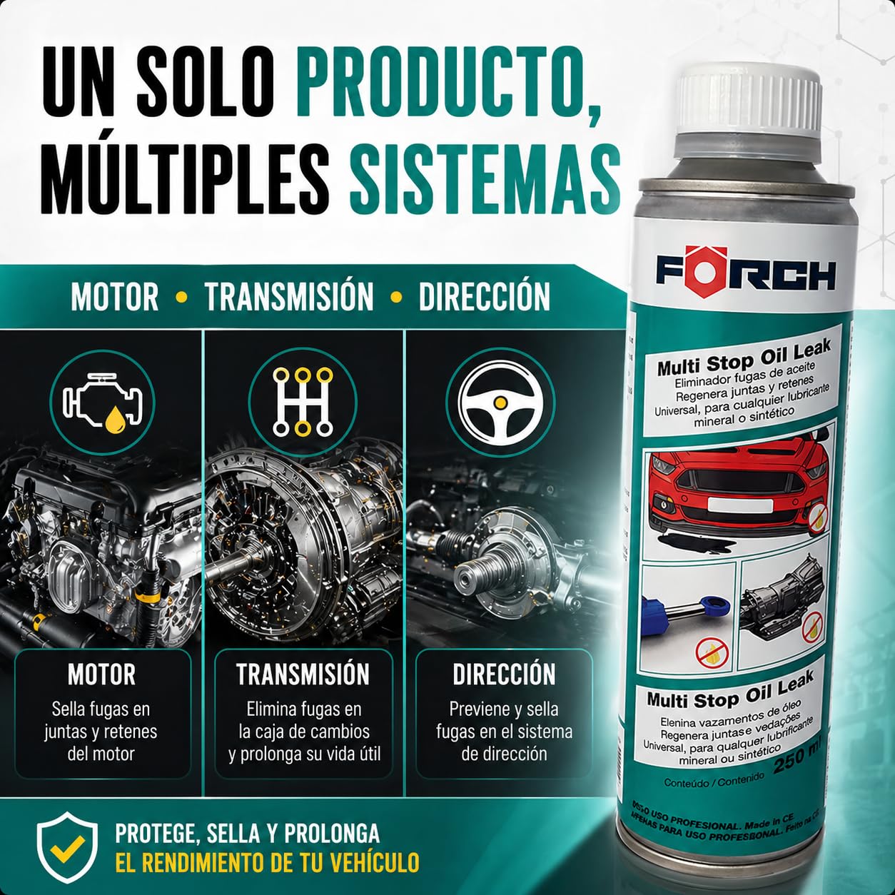 FORCH Tapa Fugas Aceite Coche, antifugas Motor y transmisión, Stop Leak Que repara Fugas sin Desmontar, válido para Motor, Caja de Cambios y dirección, 250 ml (3)