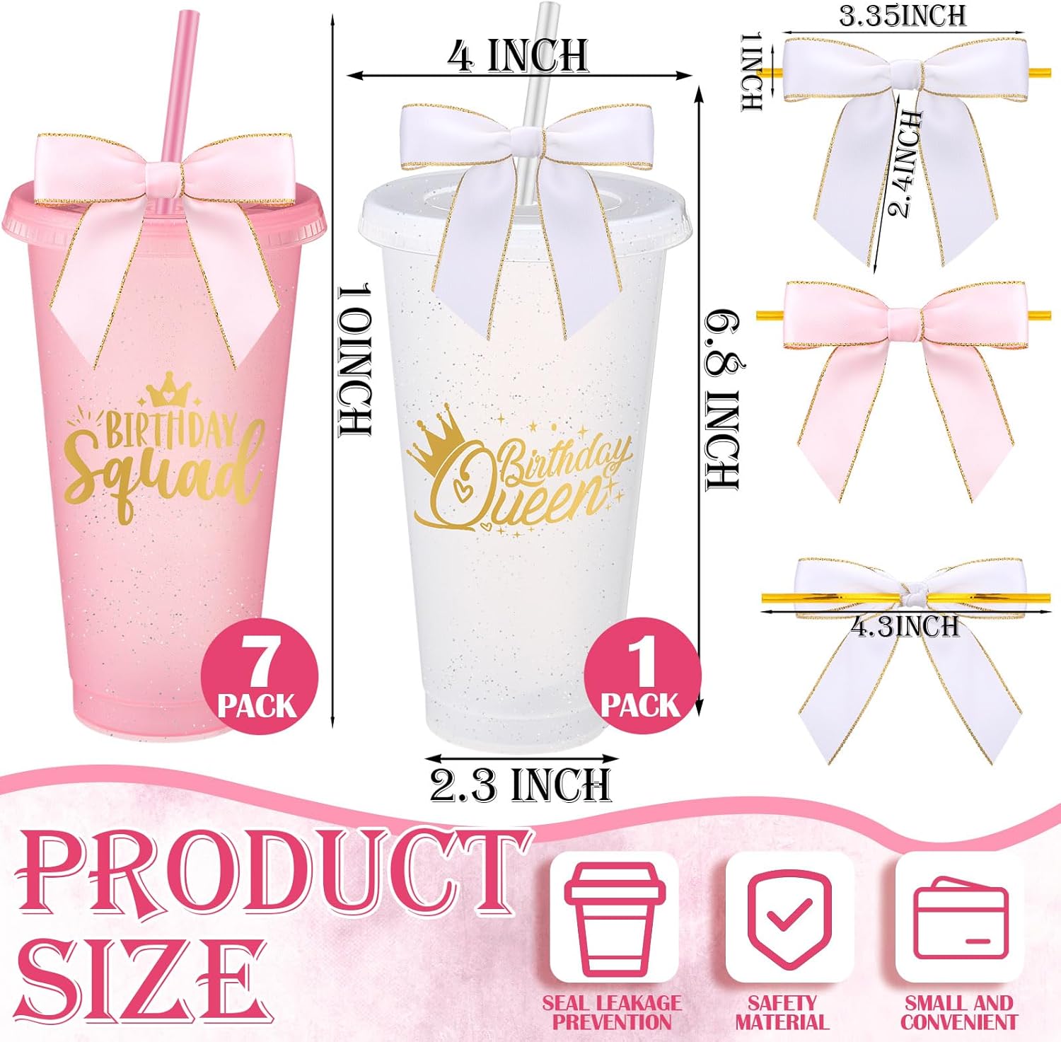8 Set Birthday Party Glitter Tumblers 24 oz Birthday Squad Queen Plastic Tumblers with Lid Straw and Twist Bow for Squad Party Favor Decorations for Women (White,Pink) - Image 2