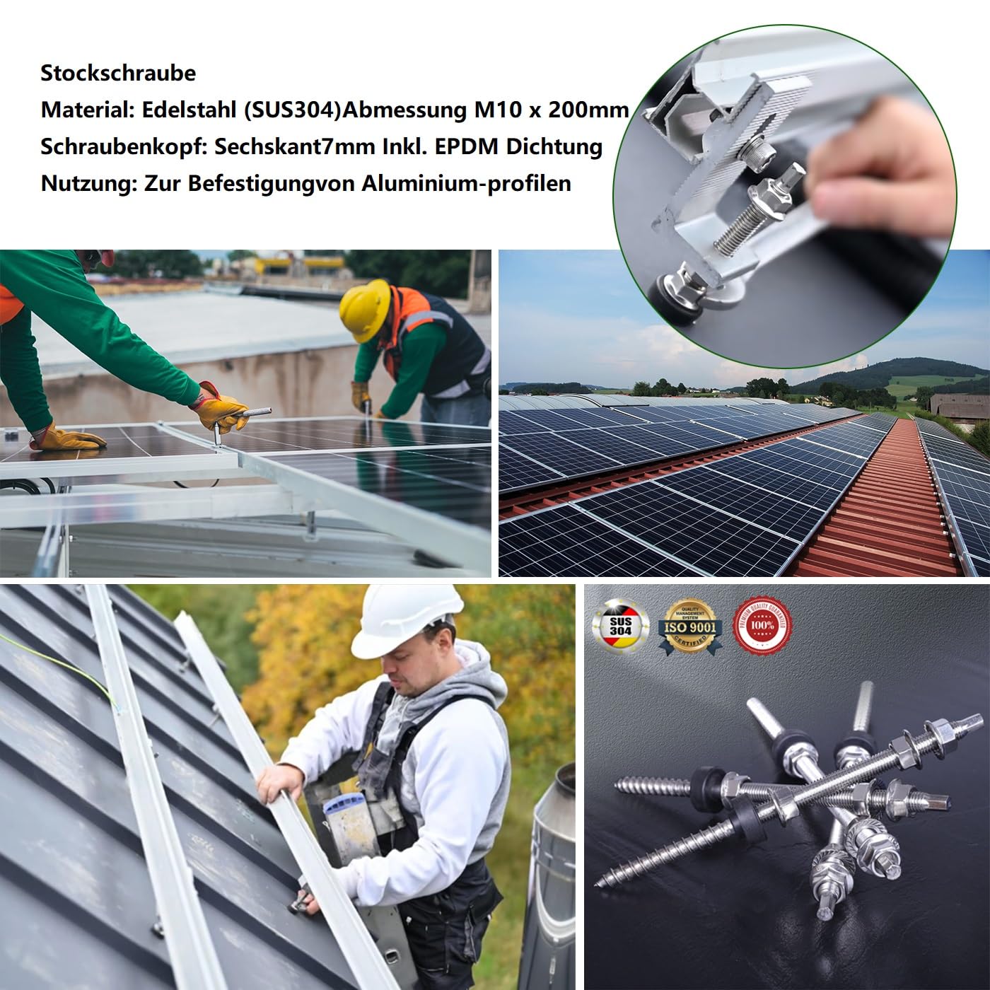 8 sztuk śrub trzpieniowych M10 x 200 mm, śruby trzpieniowe do instalacji PV, śruby trzpieniowe M10 ze stali nierdzewnej (SUS304), regulacja wysokości, śruba trzpieniowa do montażu modułów solarnych,