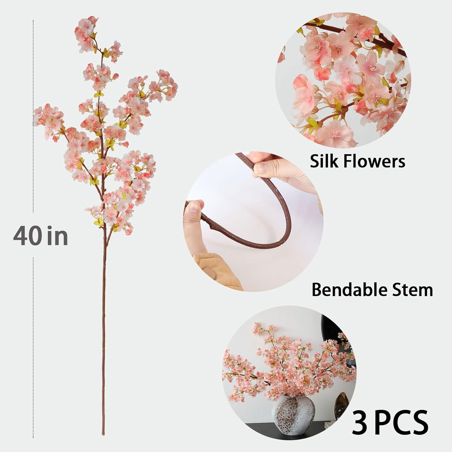 mizii 3Pcs Artificial Pink Cherry Blossom Branches 40" Fake Silk Cherry Blossoms Flowers with Long Stem for Wedding Decorations Table Centerpieces Vase Arrangement Home Decor (Pink) - Image 2