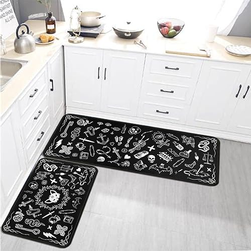 Miniatura 5 de Juego de 2 tapetes góticos para cocina, tapete gótico con parte trasera de goma, antideslizante, lavable, para fregadero de cocina, lavandería,