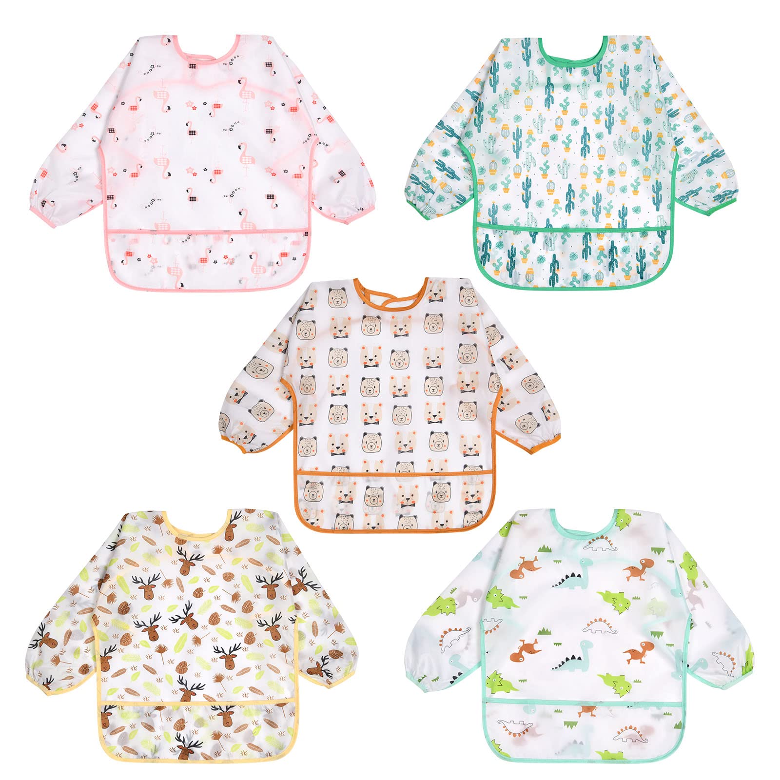 Vicloon Bavaglini Impermeabili a Maniche Lunghe, 5 Pezzi Bavaglini Pappa Svezzamento Bavaglino a Manica Lunga Grembiule Pappa, Grembiule per Gioco/Pittura e Mangiare da Bambini 6 Mesi a 3 Anni