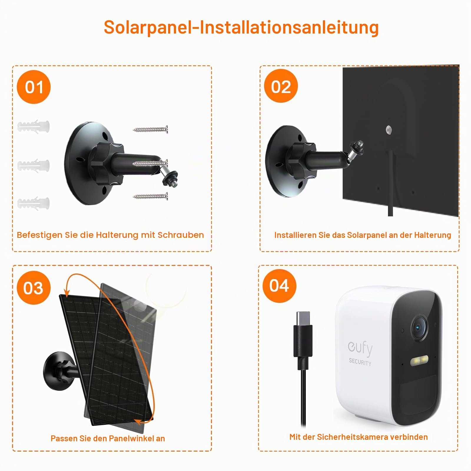 7W Solarpanel für Eufy Kamera, kompatibel mit Eufy E, 2C/2C Pro, 2/2 Pro, E20/E40, 5V Ladegerät mit USB-C Anschluss, Micro-USB Adapter, IP66 wasserdicht, 3 m Kabel