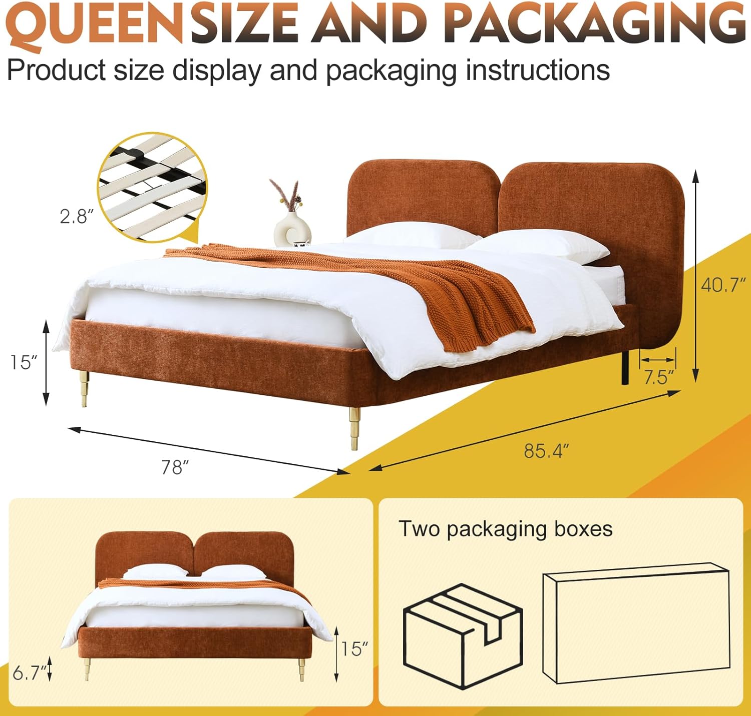 Queen Size Bed with Headboard, Upholstered Platform Bed with Wooden Slat Support, Electroplated Metal Feet, No Box Spring Required, Easy Assembly (OCHER, Queen)