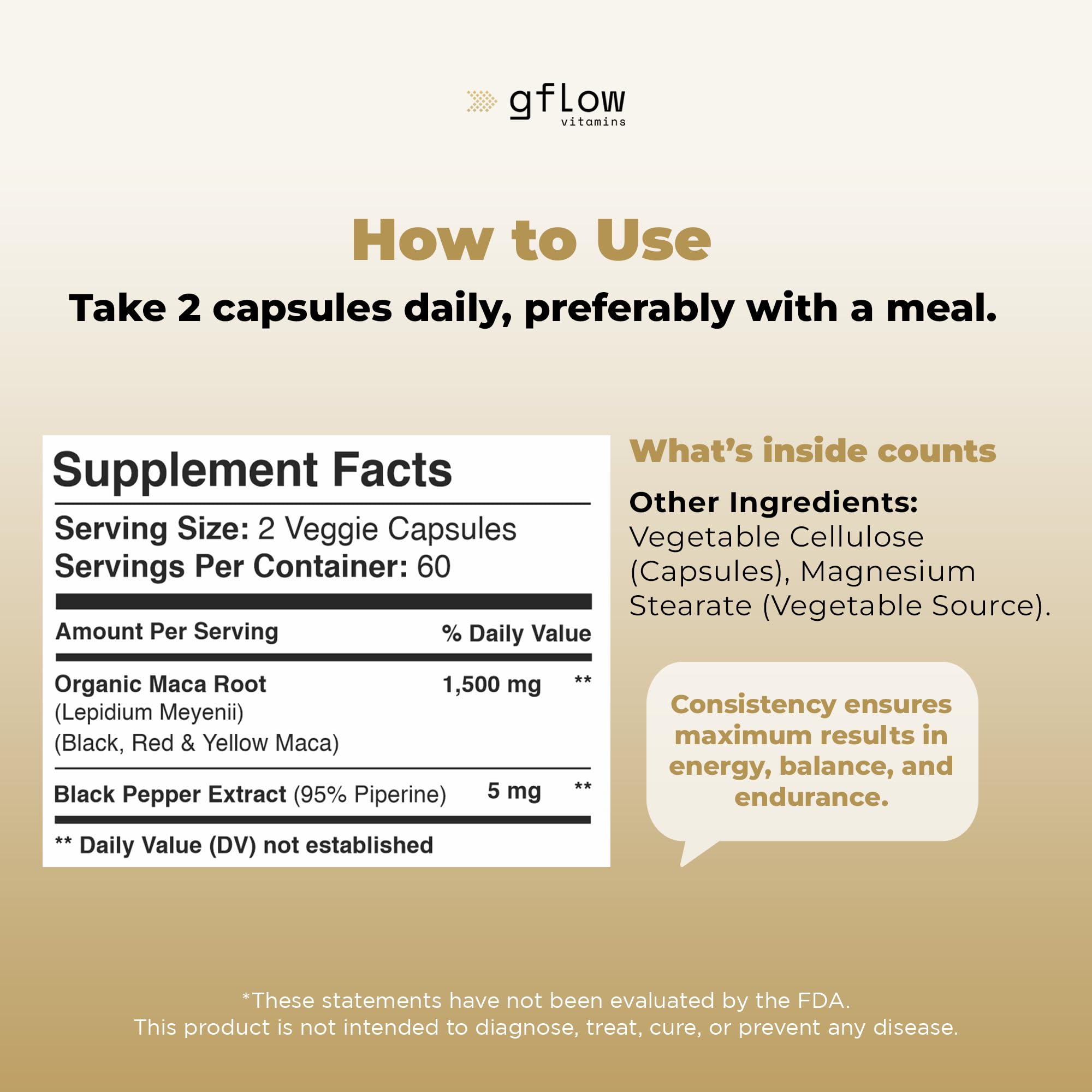 gflow vitamins Organic Maca Root Capsules for Women & Men - Black, Red, Yellow Peruvian Maca Root Extract & Black Pepper - 120 Vegan Pills - Supports Energy, Performance & Mood | Made in USA — Amazon image 7