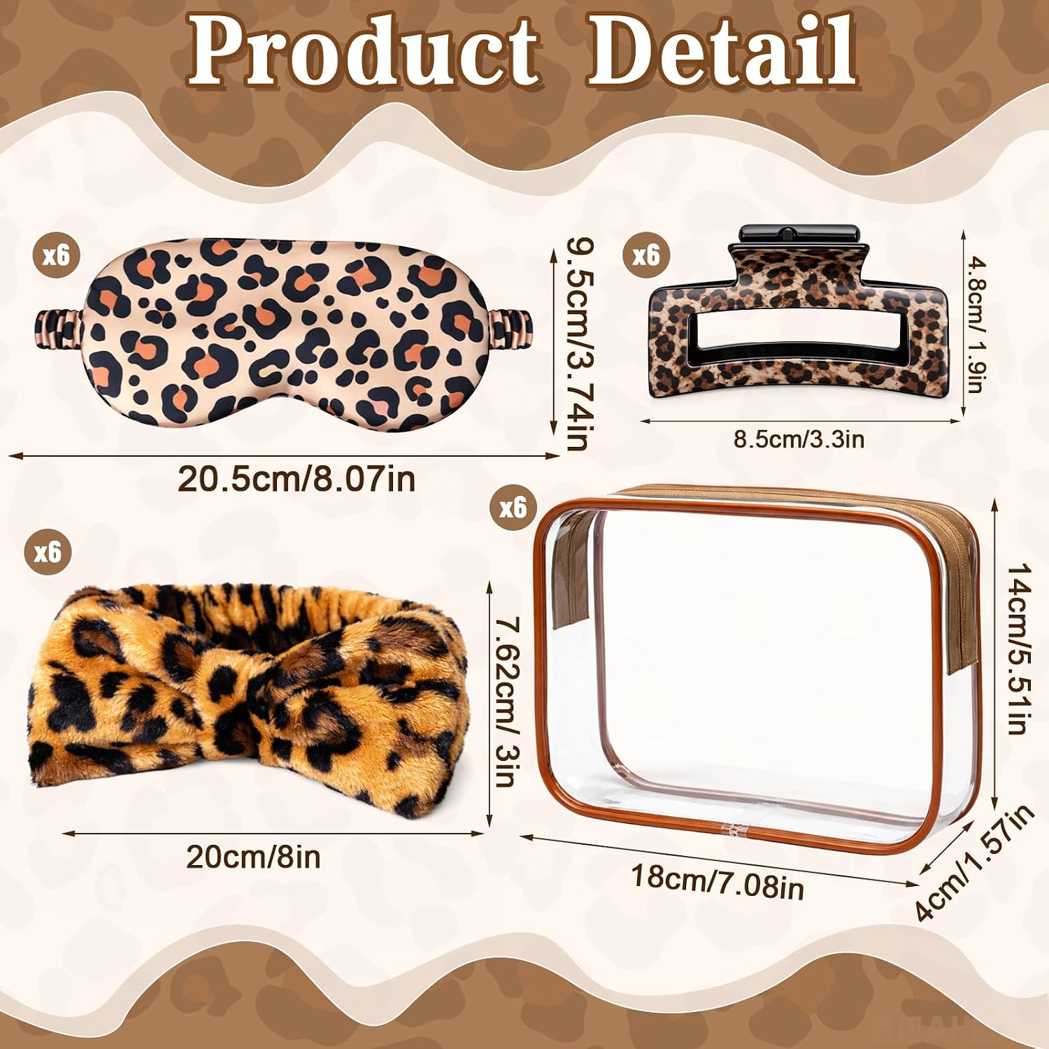24 Pcs Cheetah Print Party Favors Set, Leopard Spa Headbands, Eye Masks, Claw Clips & Clear Cosmetic Bags for Spa & Slumber Party Supplies, Cheetah Accessories Sleepover Gifts for Women