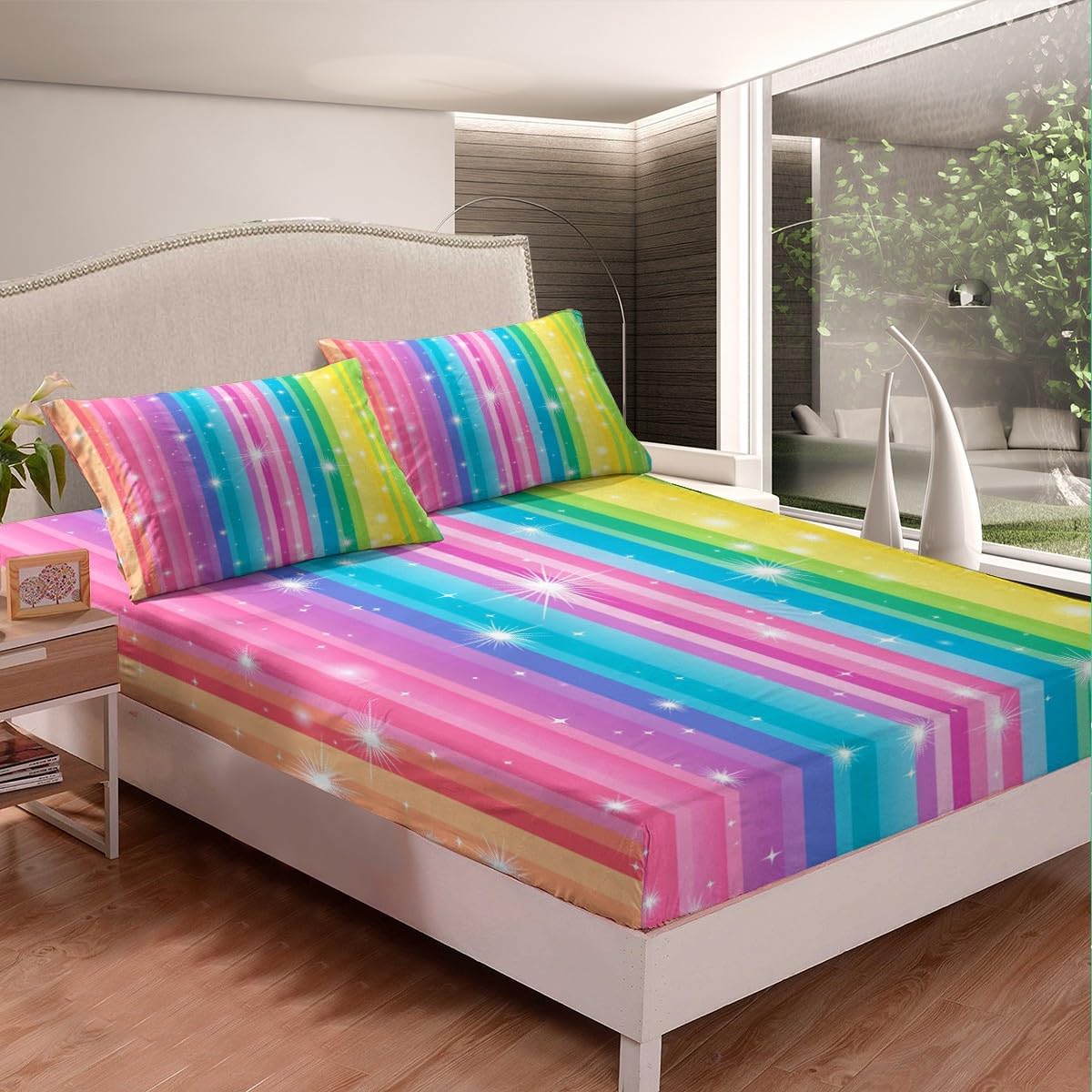 Erosebridal Art Home Decor Bedding Set Full Size, Rainbow Gradual Change Pattern Fitted Sheet, Colorful Glitter Bed Cover, Iridescent Fitted Sheet Trippy Fitted Sheet