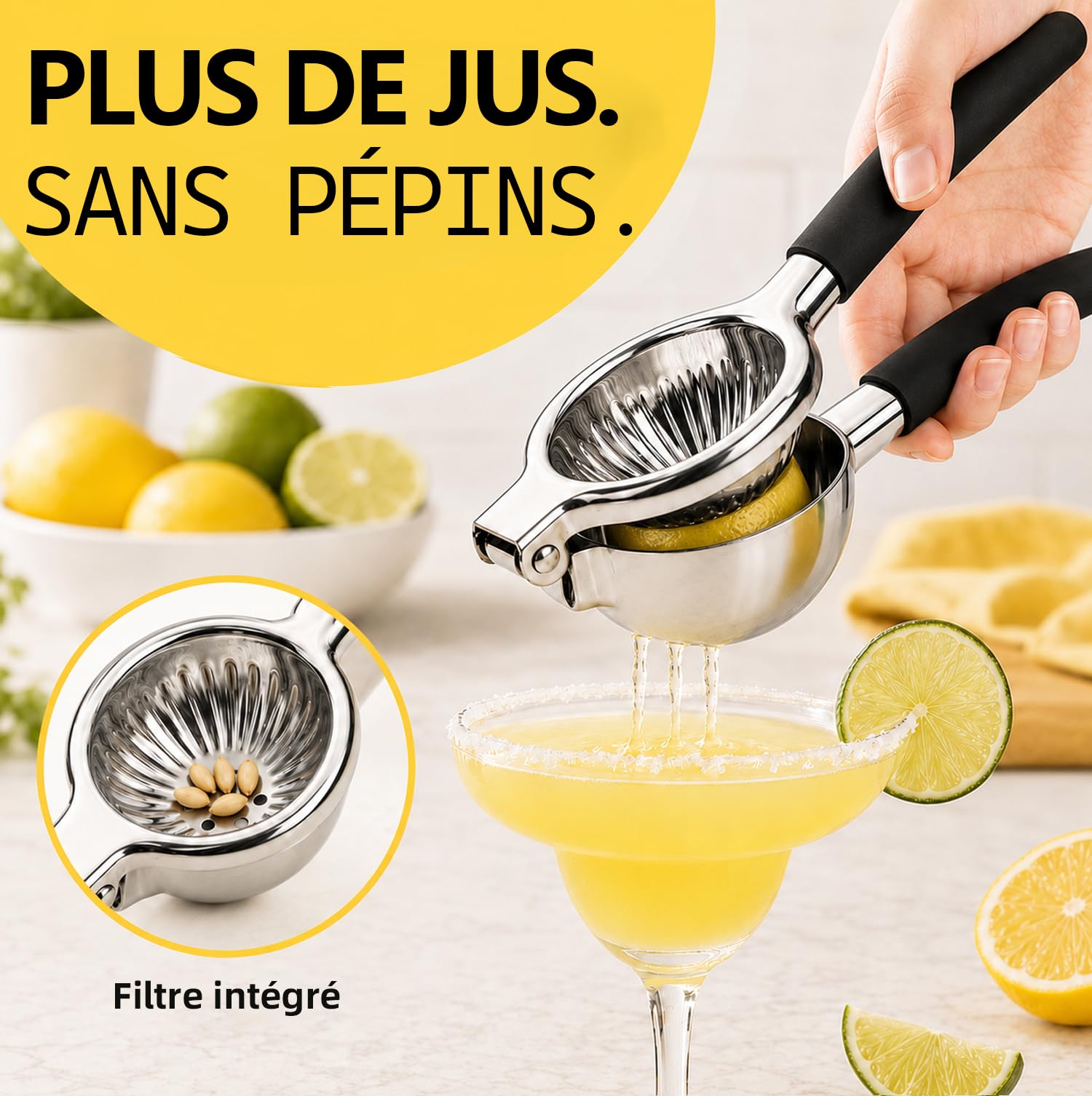 Presse-Citron en Acier Inoxydable 304 - Presse-Agrumes Manuelle avec Poignées Silicone Antidérapantes, Presse Robuste pour Citron, Citron Vert et Orange